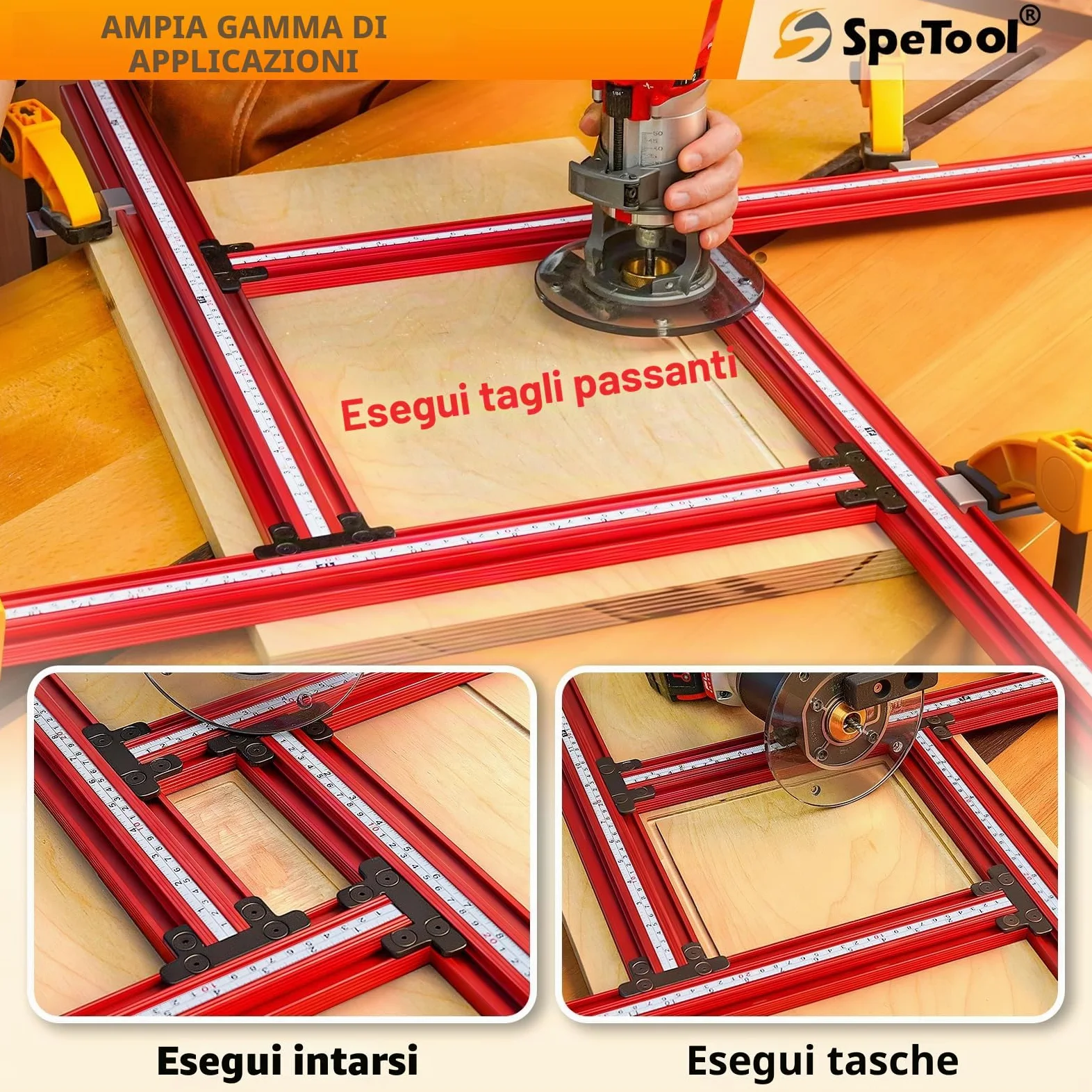 SpeTool Stencil di Fresatura Regolabile per Piani di Lavoro 650 mm x 650 mm - Router Jig per Lavorazione del Legno - Crea Fessure Rettangolari e Quadrate