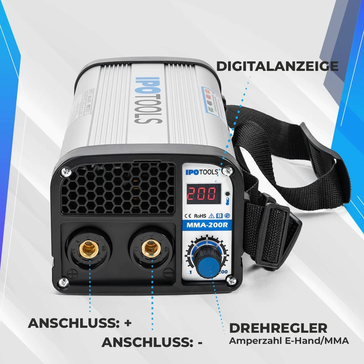 IPOTOOLS MMA-200R - Saldatrice a elettrodi IGBT MMA/E-Hand con display LCD da 200 Amper/230 V, anti-stick/hot star/Arc-Force/scudo di protezione