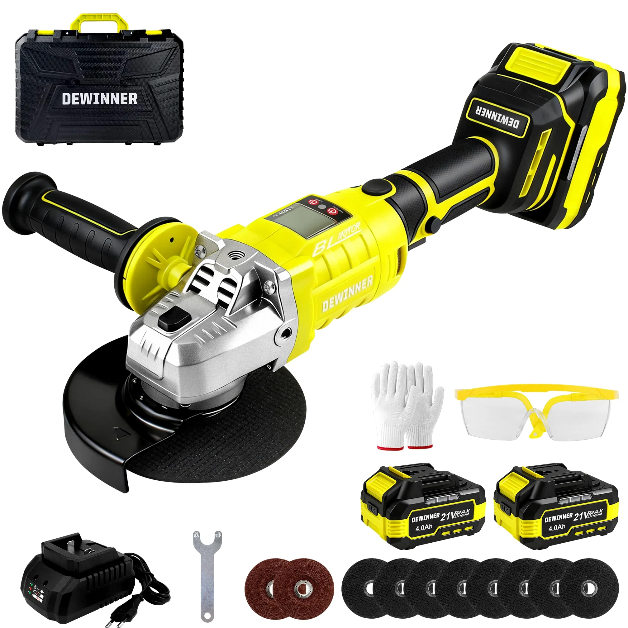 DEWINNER Smerigliatrice Angolare a Batteria Brushless 20V, Ø125mm, può ruotare di 90° su entrambi i lati.Smerigliatrice Angolare Senza Fili con 2 Batterie da 4.0Ah, 8500 giri/min, Dischi da Taglio