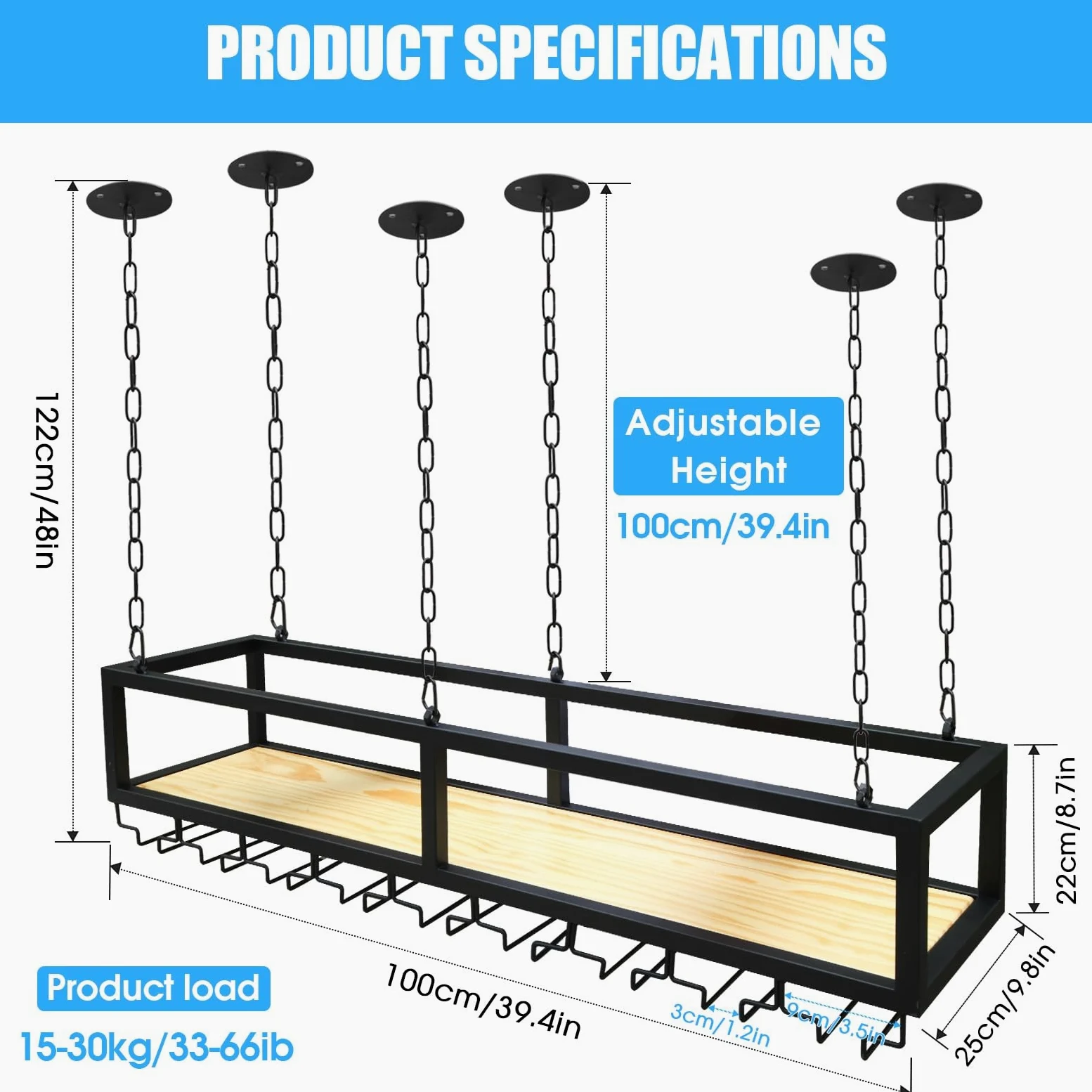 Mensola a soffitto Scaffale Decorativo Sospeso, Scaffale Galleggiante Rustico - Portabottiglie Da Soffitto, Per Soggiorno/cucina/bar, Con Catena Di Ferro Da 1 M (Size : 100 * 25 * 100cm)