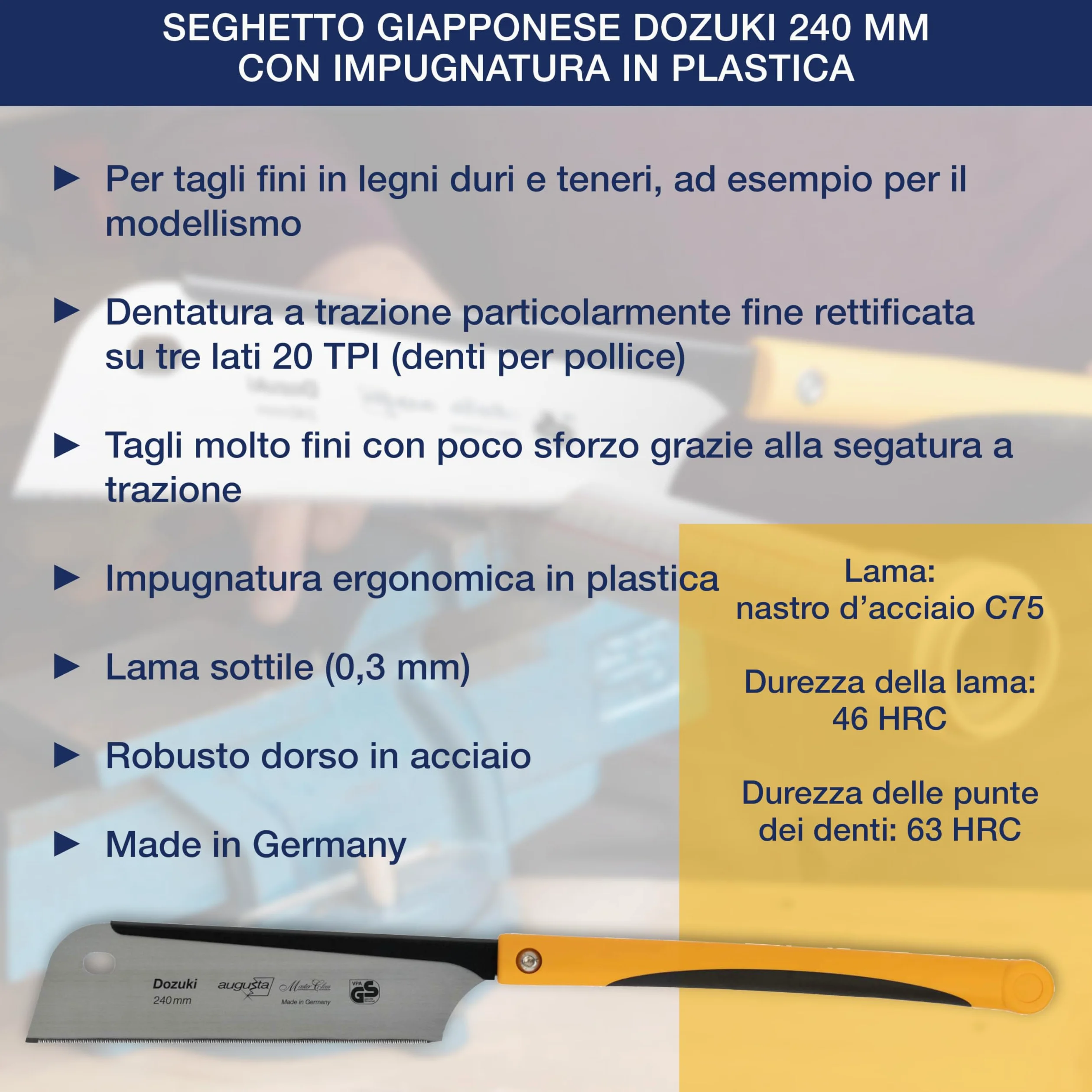 Sega giapponese Augusta-Heckenrose Dozuki - sega tradizionale con robusto dorso in acciaio e impugnatura comfort 2K - taglio diamantato su tre lati - dentatura speciale per tagli fini nel legno