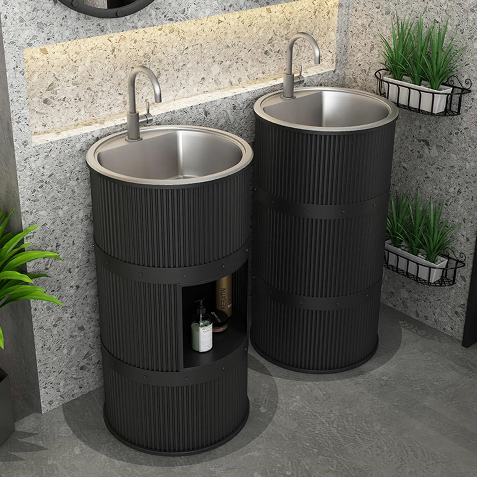 Lavandino a Colonna Moderno in Ferro Battuto, Mobile da Bagno con Lavabo in Acciaio Inox, Lavandino su Piedistallo Freestanding Set con Rubinetto e Scarico (con contenitore,Blu)