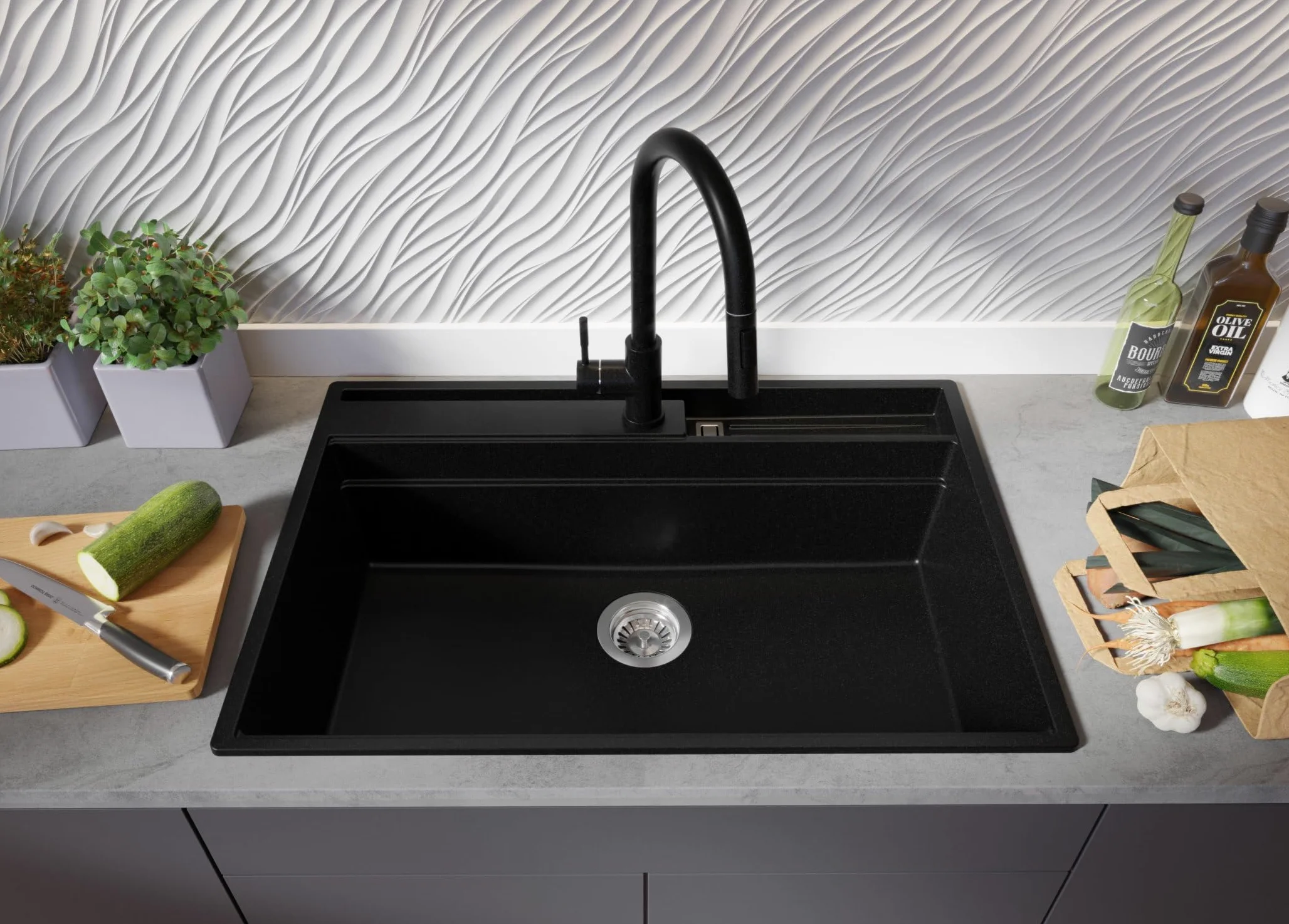 PRIMAGRAN Lavello da Cucina Nero 78x53cm, Lavandino in Granito a 1 vasca + Sifone Classico, Lavabo da Cucina Incasso al Mobile 80cm - Oslo Pocket S335