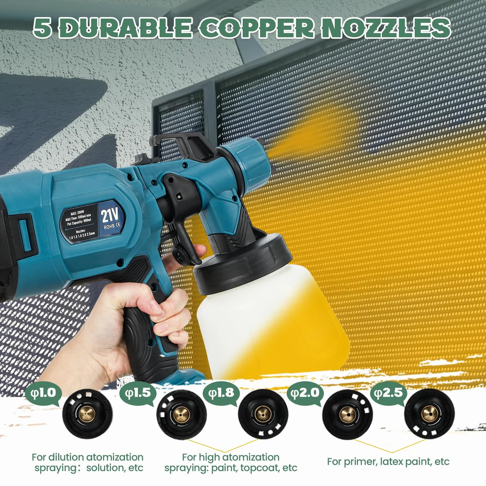 Huanyu Spruzzatore di vernice a batteria con 2 batterie da 21V 4.0Ah e 5 ugelli pistola a spruzzo per verniciare da 900 ml con 3 modelli pistola a spruzzo elettrico per la pittura di mobili domestici