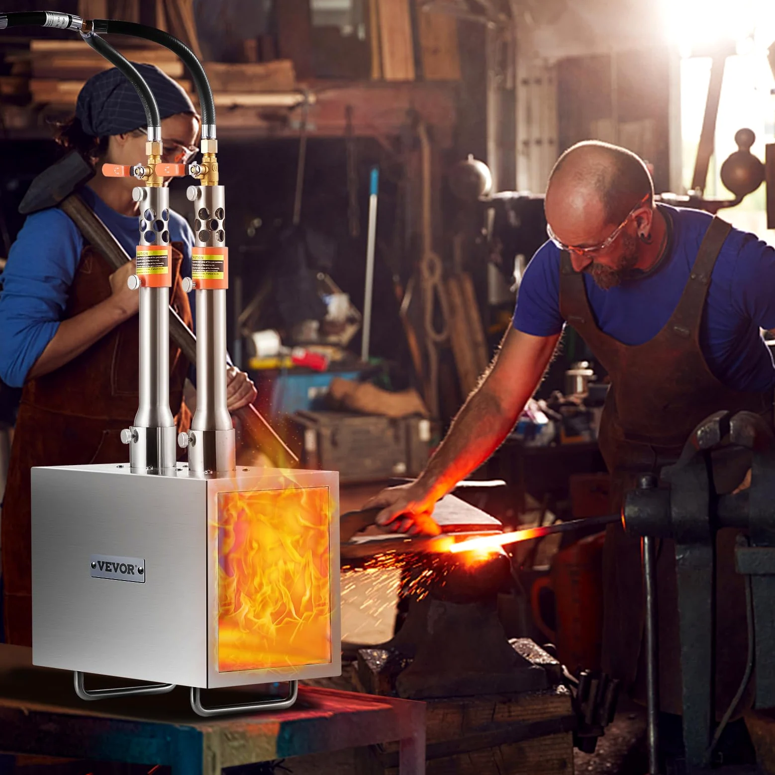 VEVOR Forgia a gas propano portatile, forno a gas quadrato con 2 bruciatori, temperatura max 1427 ℃, utensili e attrezzature per forgiatura a gas in acciaio inox, per colteliere Maréchaux-Ferrants