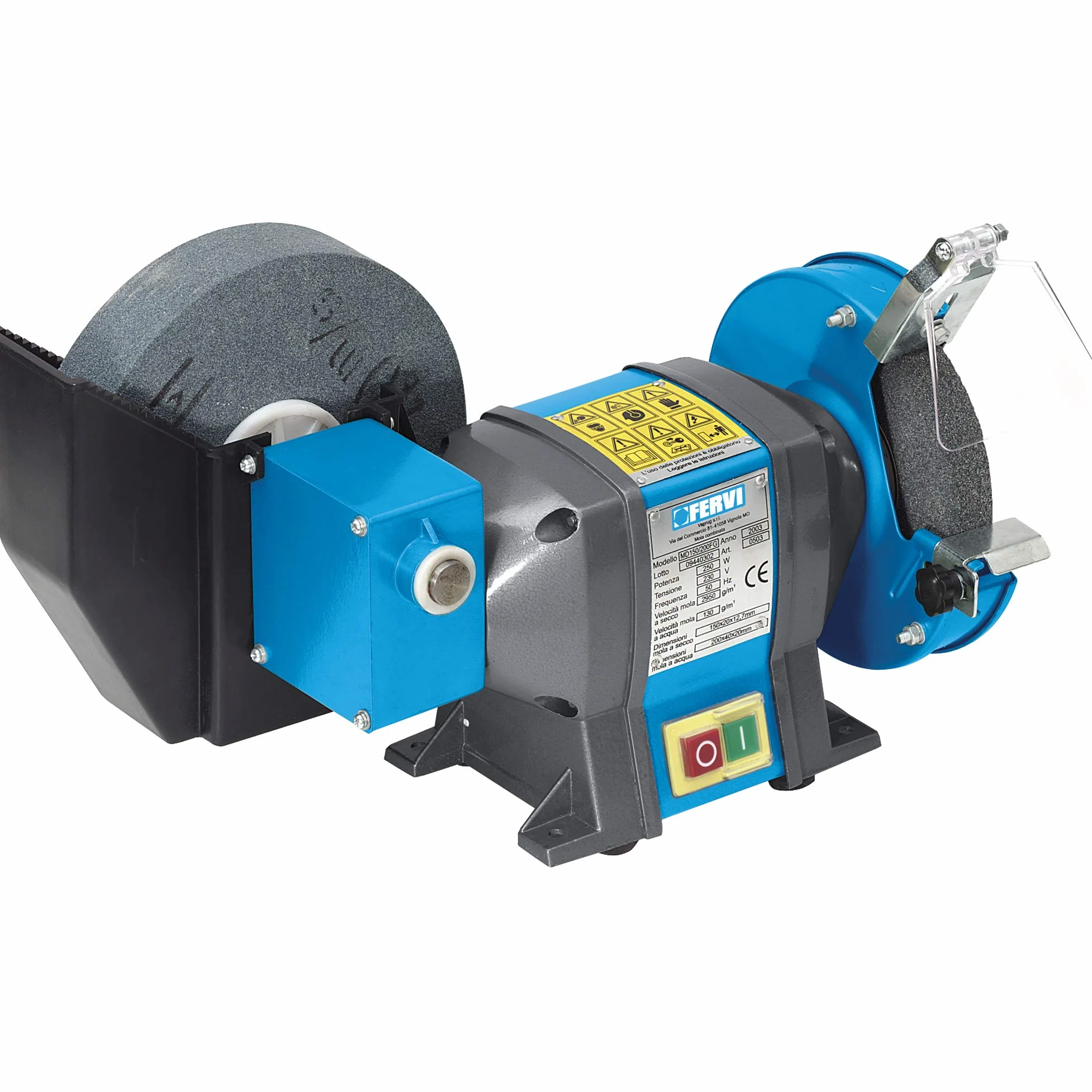 Fervi – Smerigliatrice da Banco Combinata con Mola a Secco e Mola ad Acqua, Tavola Regolabile, Schermo di Protezione, Motore 350W, Per Levigatura e Affilatura di Metalli, Plastica e Legno
