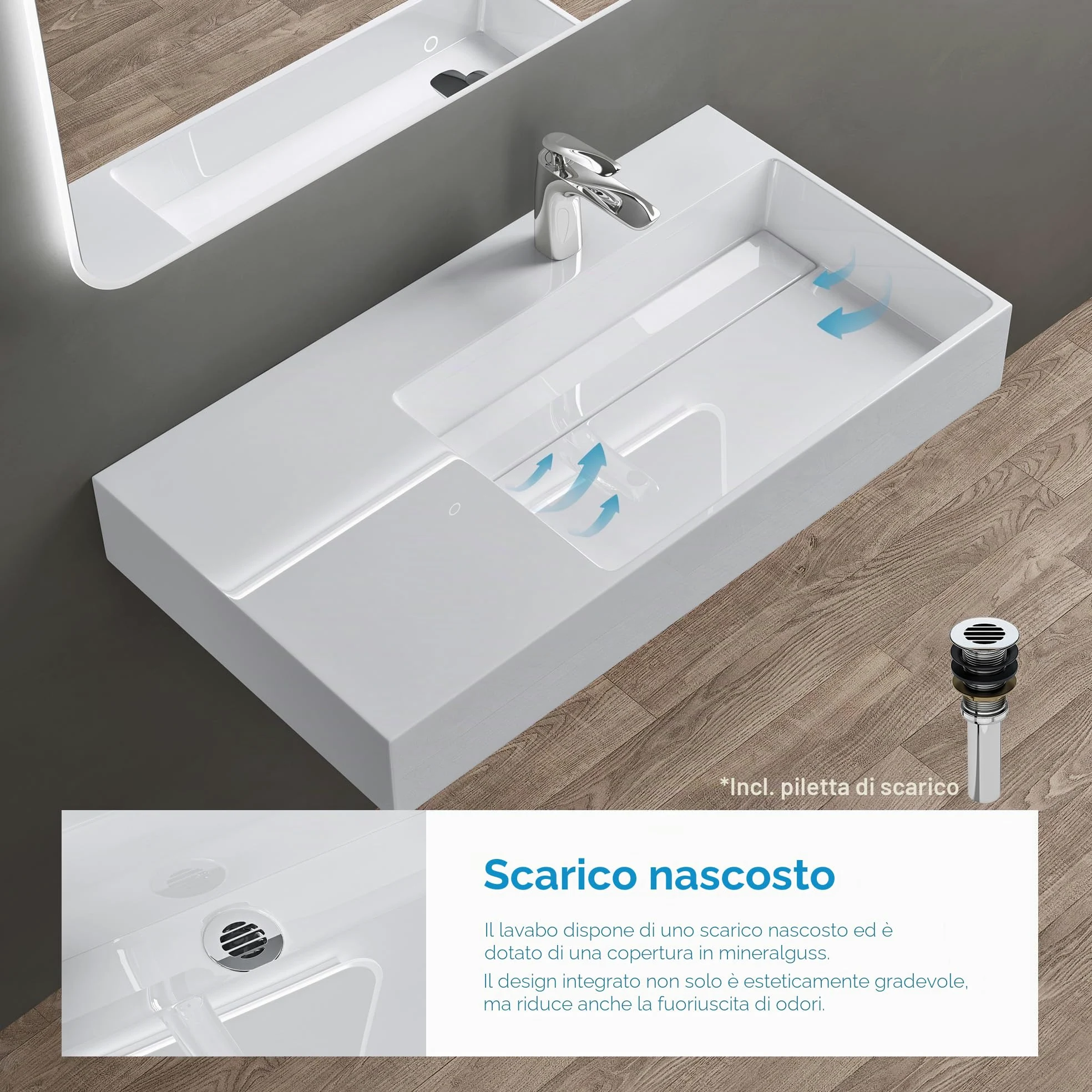 doporro Lavabo Bagno Sospeso Lavabo da Appoggio Rettangolare in Marmo Resina Bianco Lucido, Vasca a Destra 75x43x14 cm con 1 Foro Rubinetto e Piletta Scarico, Colossum12