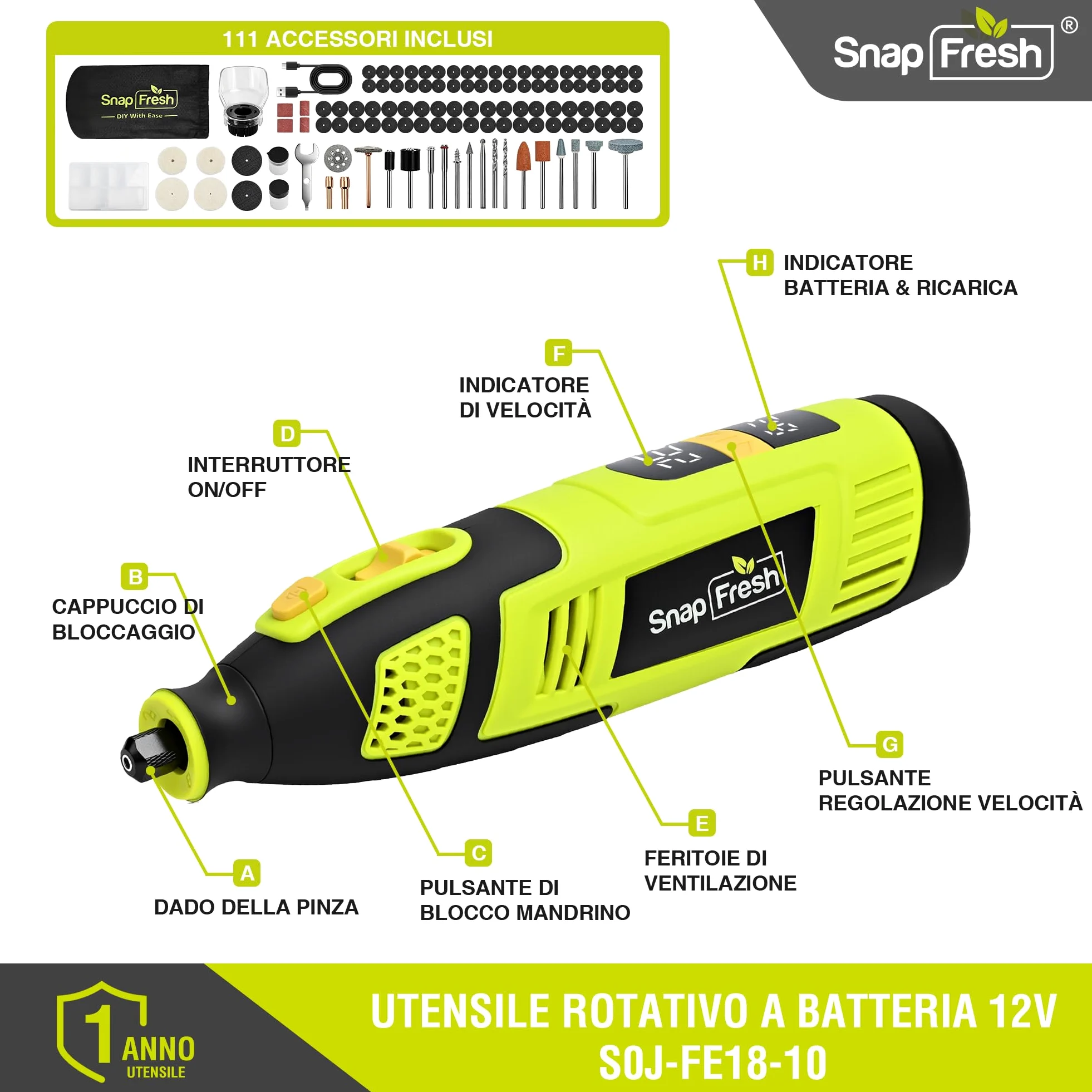 SnapFresh Utensile Rotante Multifunzione 12V Mini Trapano Elettrico, 111 Accessori, Velocità Variabile 5000–32000 giri/min, Display Digitale con Memoria, per Incisione, Levigatura, Lucidatura e Taglio
