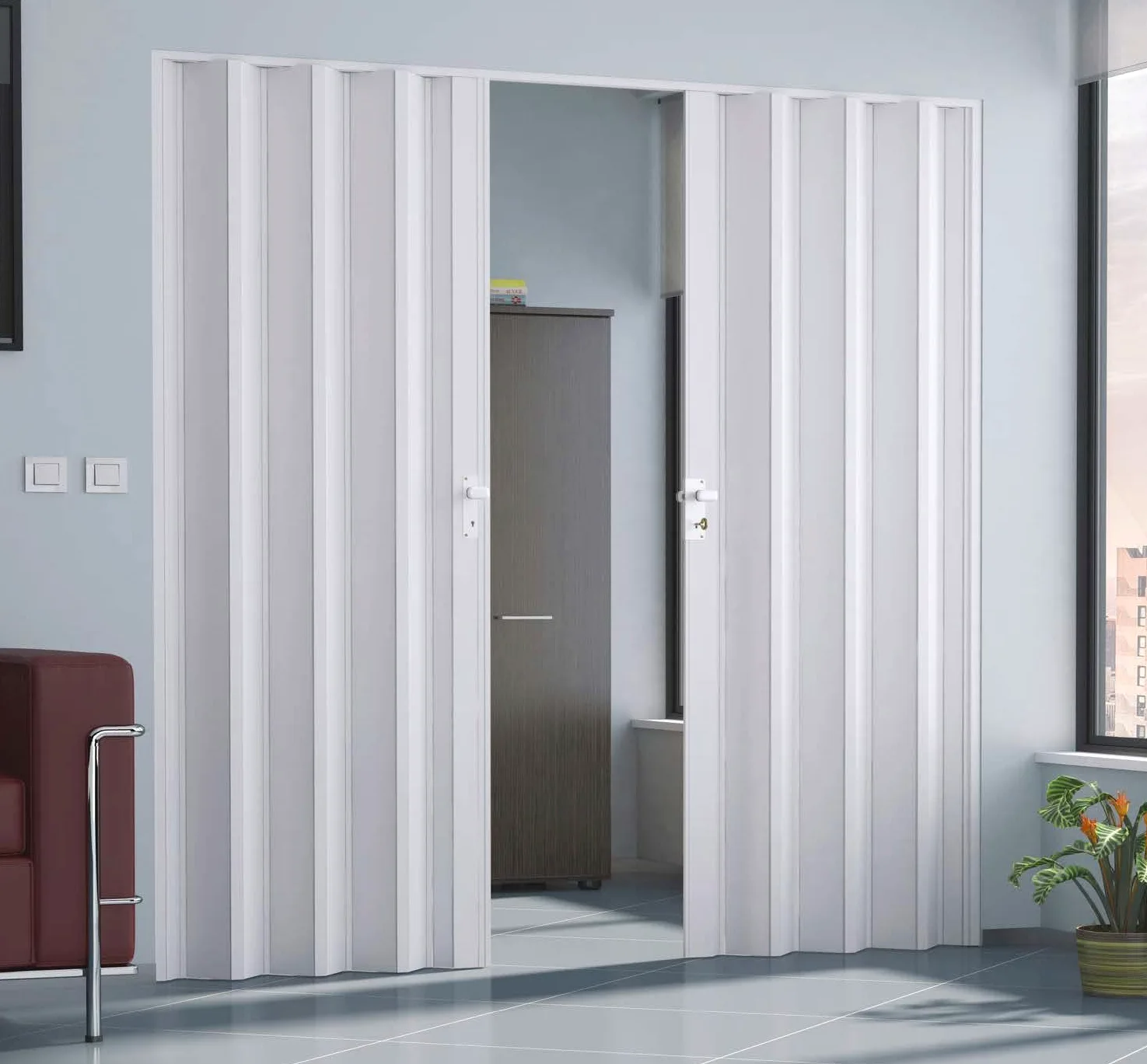 Porta a soffietto SU MISURA di grandi dimensioni a partire da 156-408 cm Larghezza APERTURA CENTRALE in pvc vari colori pannelli altezza 220/300 cm
