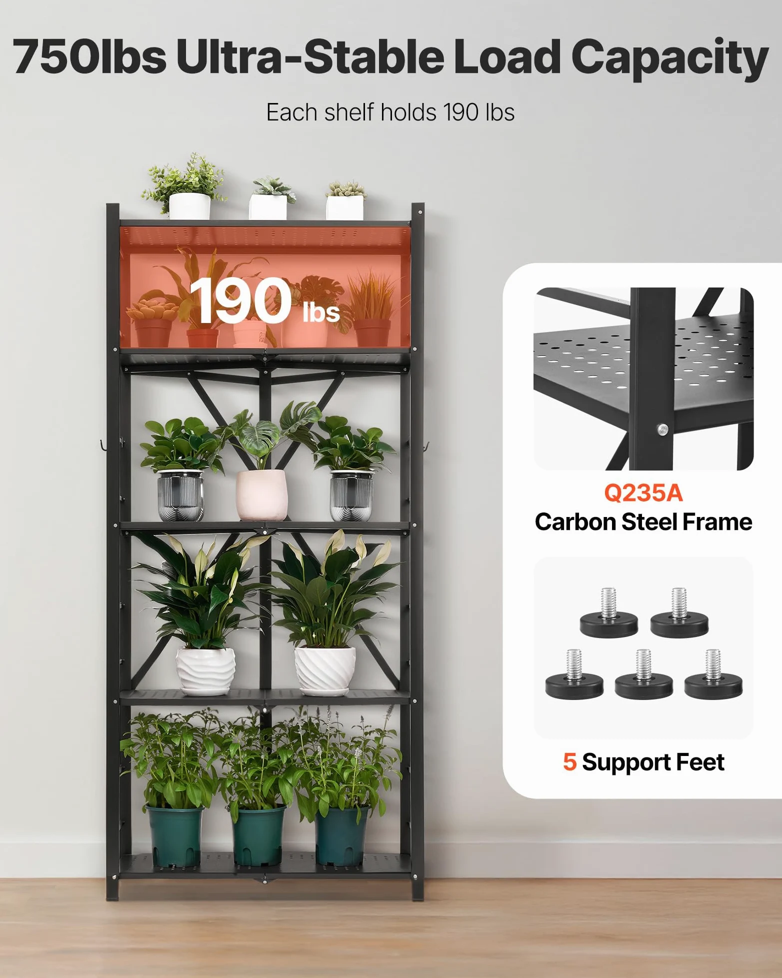 VEVOR Scaffale Portaoggetti Pieghevole a 5 Ripiani con Ruote, Scaffale in Metallo Pieghevole, Robusto Resistente Senza Montaggio, Ideale per Garage, Cucina, Cantina Nero 380 x 710 x 1630 mm