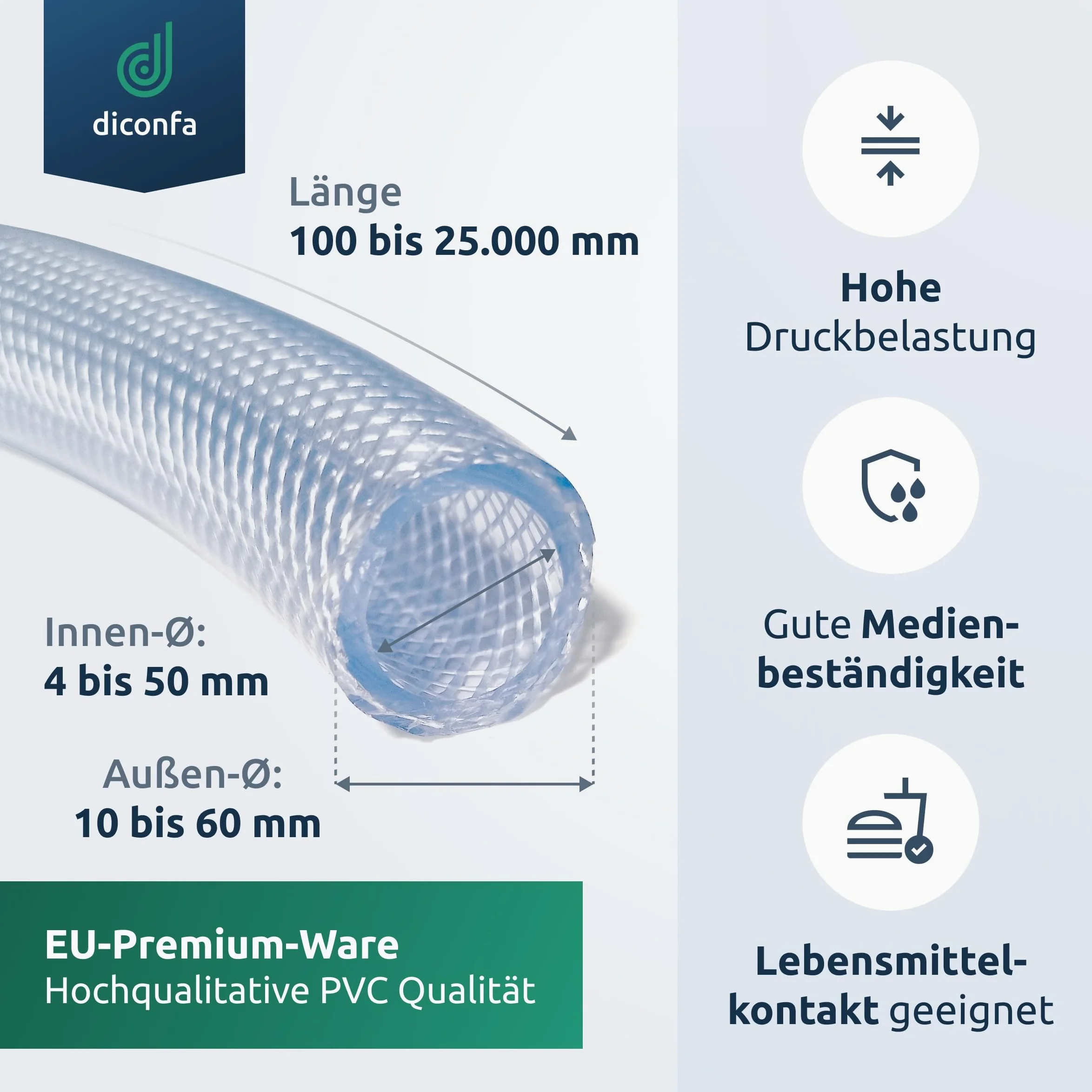 diconfa Tubo flessibile in PVC diametro da 10 a 60 mm - da 0,1m a 25 m lungo - 30/38 mm, 3500 mm (3,5 m) di lunghezza - Qualità alimentare - per aria compressa - per acqua potabile FDA KTW