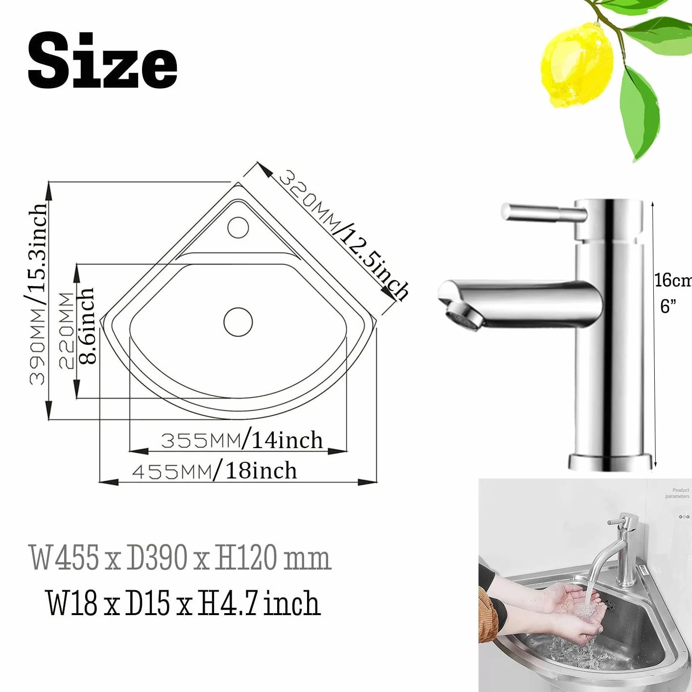 Lavello angolare da parete per bagno, 455x390 mm Lavabo da cucina Vasca Singola con Troppopieno Lavabo In Acciaio Inossidabile Lavamani per Ristorante