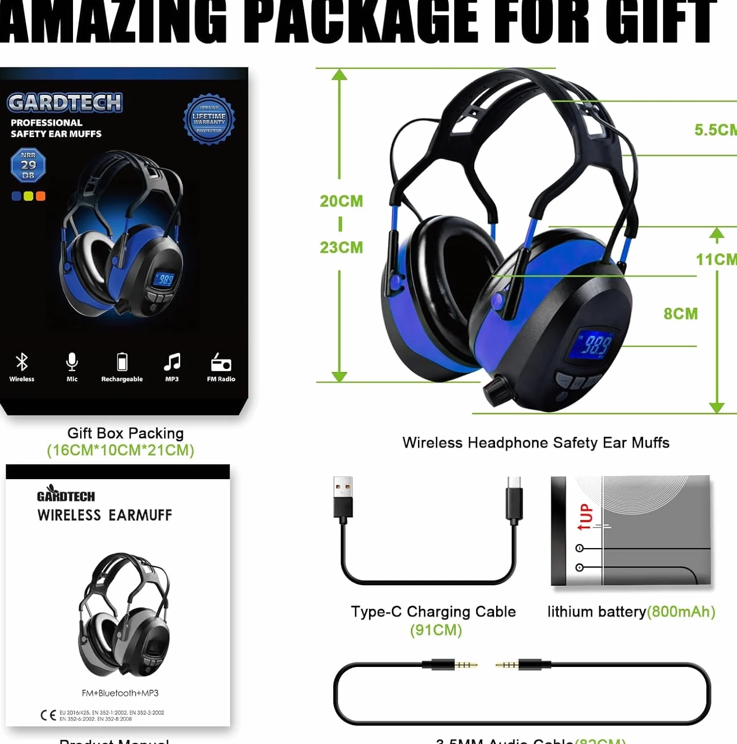 GARDTECH Cuffie antirumore Bluetooth antirumore con radio wireless MP3 FM paraorecchie di sicurezza con display LCD 4 GB SD Card per adulti per giardino lavorazione del legno nero e blu