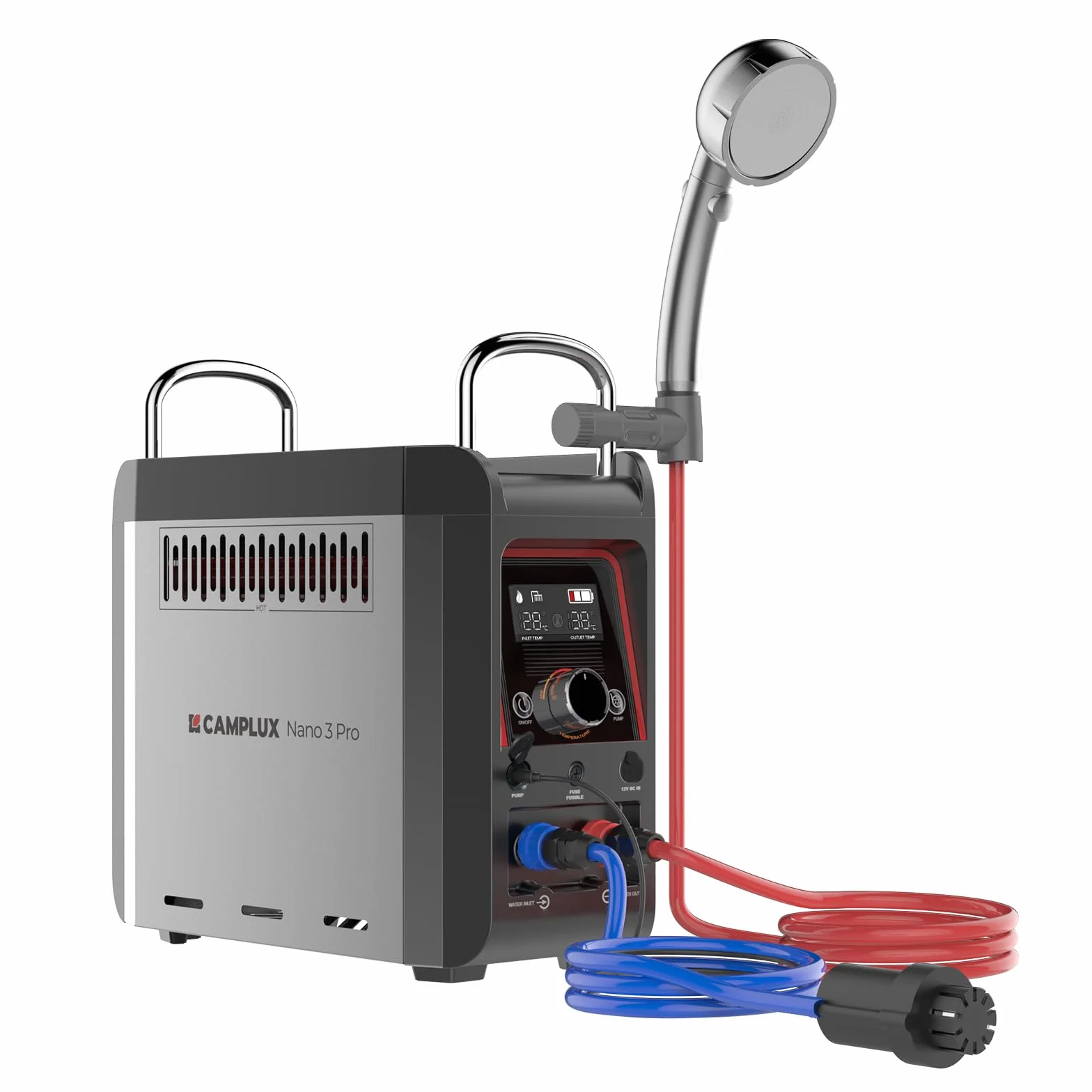 CAMPLUX Nano 3 Lt Scaldabagno a Gas Portatile con Pompa dell'acqua, GPL, 50mbar, 12V, per Doccia Esterna, Campeggio, Nano 3 Pro-DE