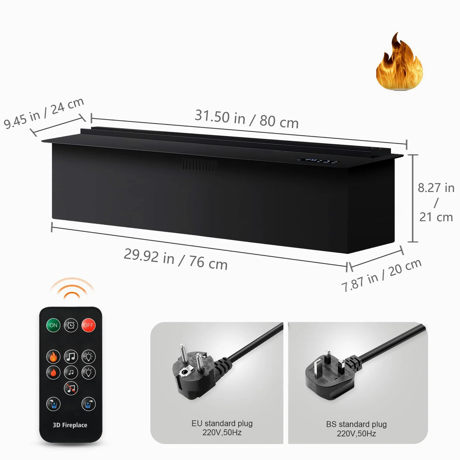 Camino a vapore d'acqua, camino elettrico, effetto fiamma 3D, funzione silenziosa, telecomando [80cm, non riscaldato]