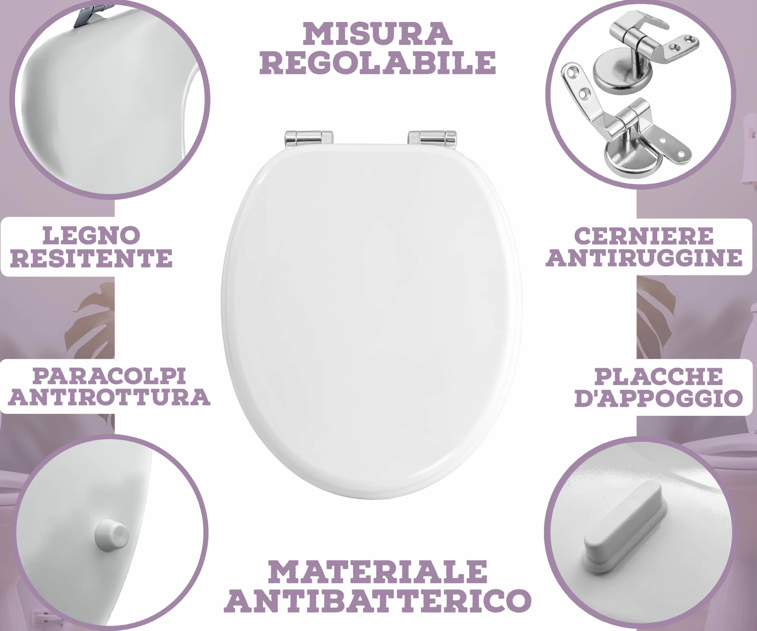 HAND - Tavoletta Water Universale in Legno con Cerniere Cromate Antiruggine - Copriwater Universale (Classica)