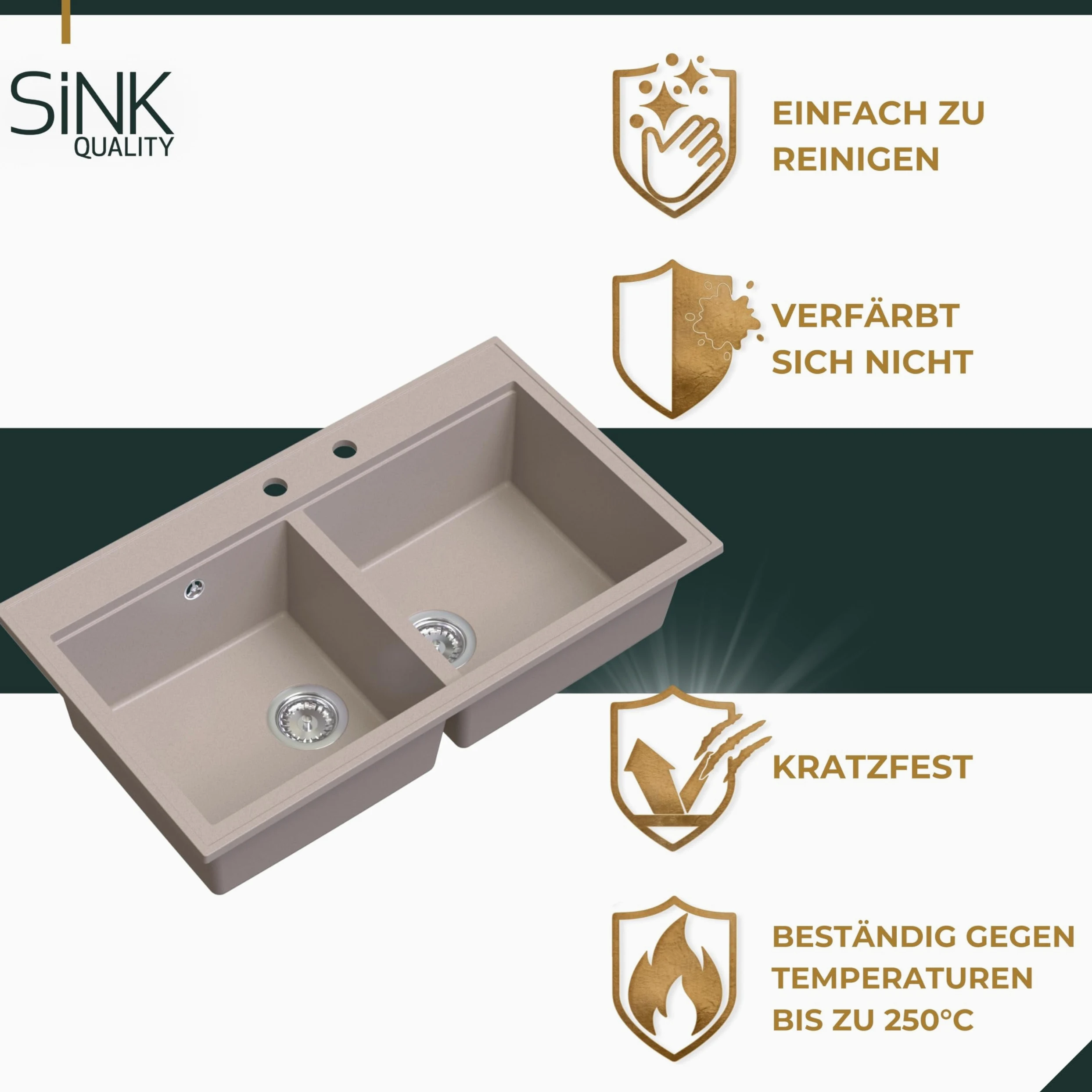 SINK QUALITY Lavello doppio nero 86 x 50 cm, doppio lavello con sifone e impregnante, lavello in granito 2 vasche – lavello da cucina a partire da mobile sottolavello da 85 cm