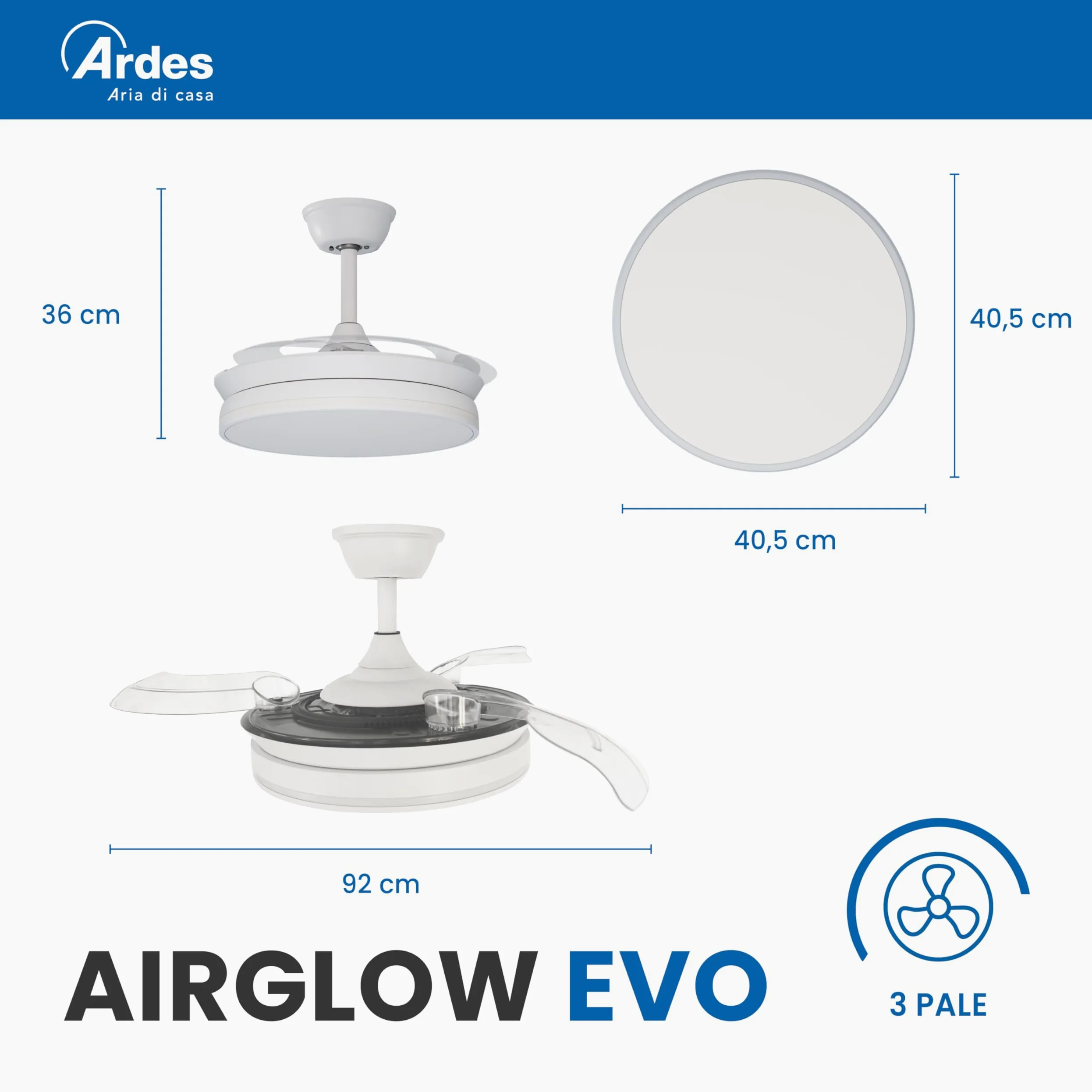 ARDES AIRGLOW EVO AR5PL92 Ventilatore da soffitto Ø92 cm con motore DC 59 W, pale retrattili e luce LED 2200 lm regolabile 3000–6000 K per uso domestico