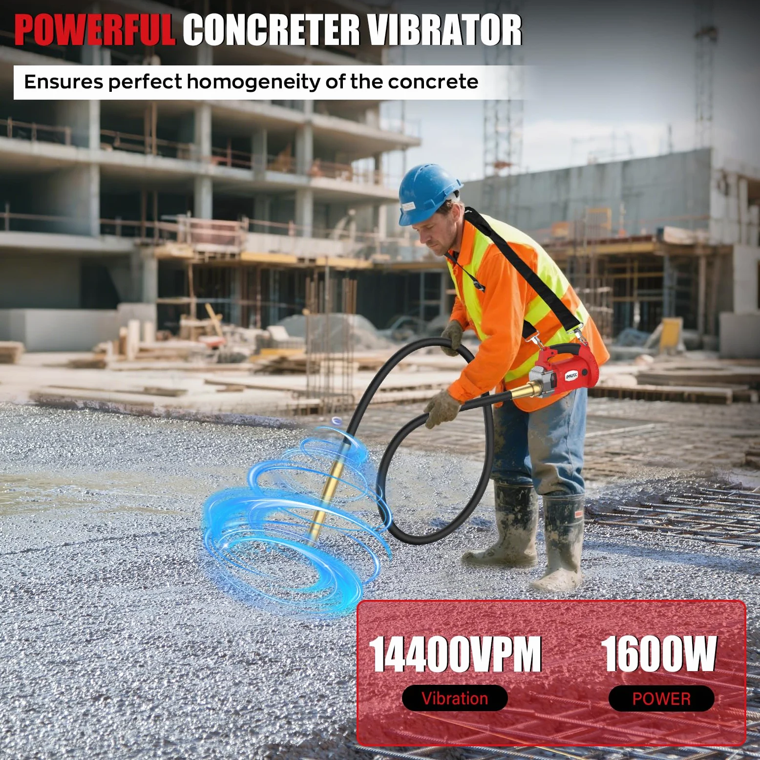 IMAYCC 1600W Vibratore per Calcestruzzo con cinghia regolabile, Vibratore da Costruzione Elettrico 5000 giri/min, Lunghezza asta Vibrante 2m, Diametro albero Vibrante 38mm, per Strade Tunnel Ponti