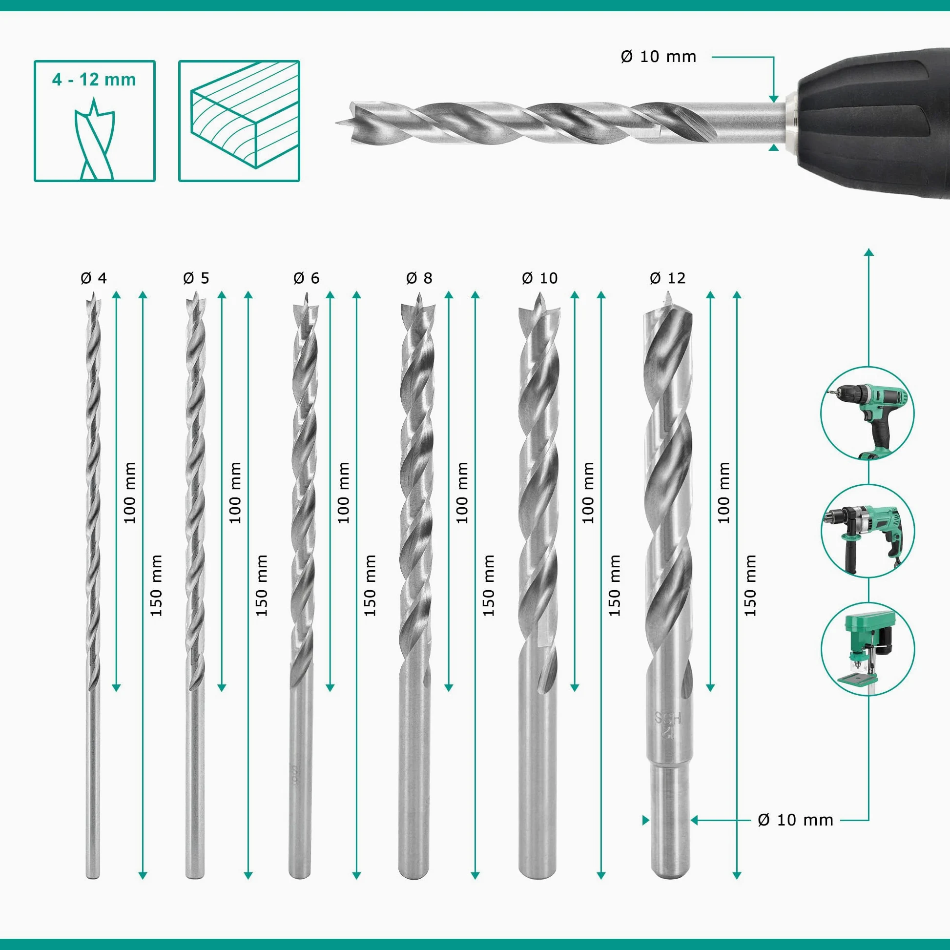 ENT 09256 Set di 6 punte per legno Ø 4, 5, 6, 8, 10 e 12 mm, lungo 150 mm, NL 100 mm, punte per legno rettificate in Acciaio a taglio rapido, per legno duro e tenero, adatte per trapani a batteria