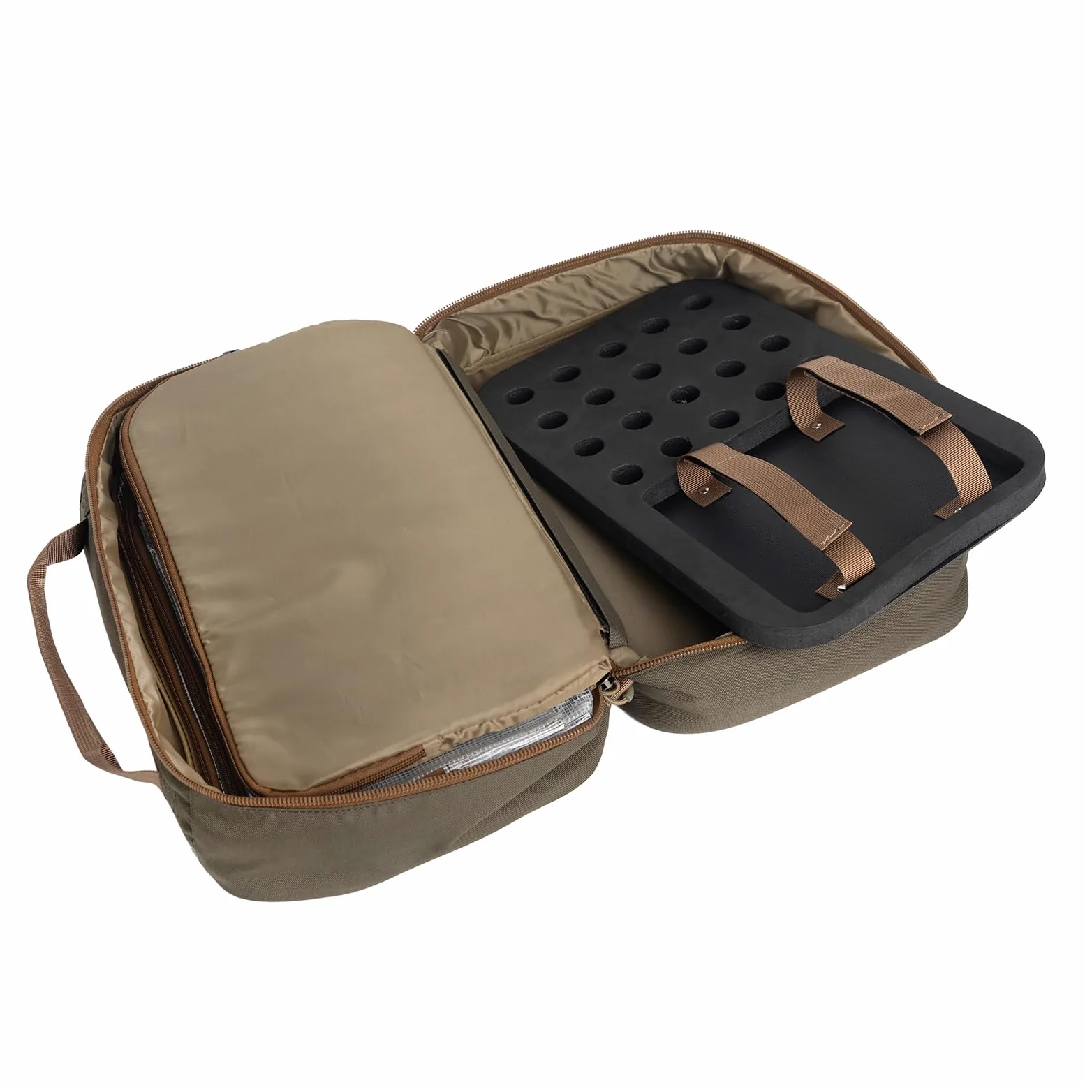 Raprance Custodia professionale da viaggio per la costruzione di mosche, 4 tasche trasparenti e imbottita, per la costruzione di attrezzi, kit di attrezzi, materiali (marrone oliva)
