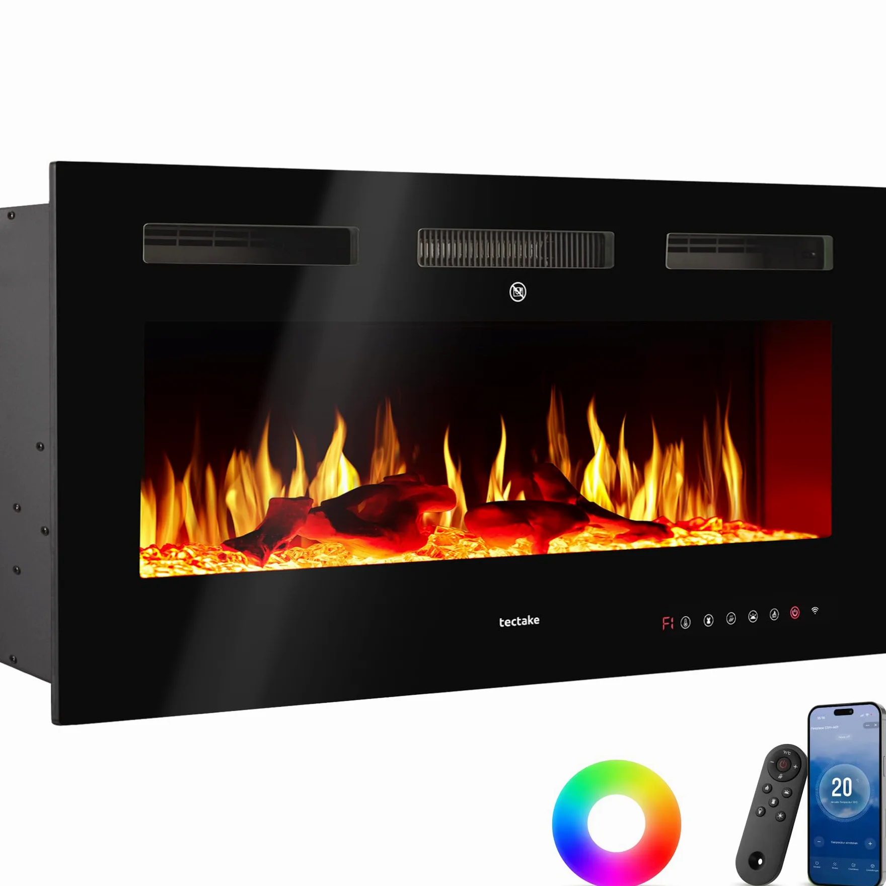 tectake® Caminetto elettrico da parete, Camino Elettrico 106,5x43x12 cm, 2 livelli di riscaldamento 900 W e 1800 W, 6 colori per effetto fuoco finto LED 3D, controllo app e WiFi e telecomando, Stufa