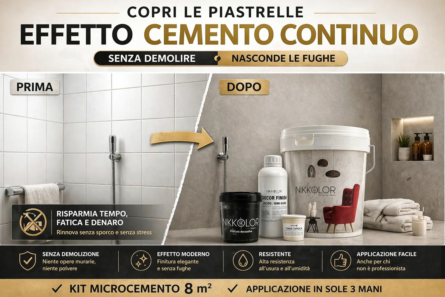 Kit Microcemento 8 m² per Pavimenti e Pareti - Opaco – 13 | Copre piastrelle e fughe senza demolire con spessore finale 2-3 mm - Finitura Opaca