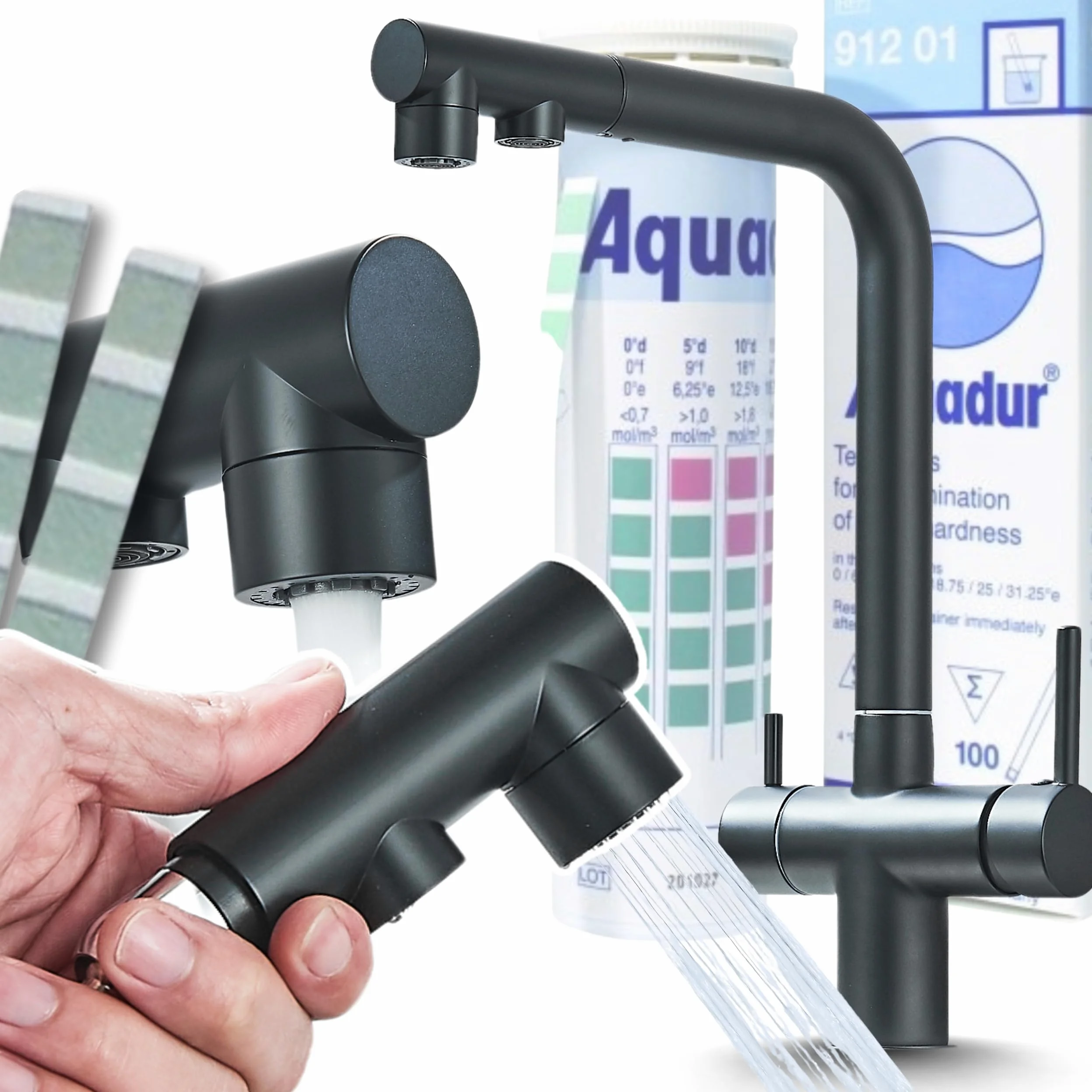 Rubinetto da cucina a 3 vie VENOM Pull-Out con doccetta estraibile, tubo separato per acqua potabile filtrata, beccuccio girevole a 360°, 2 tipi di getto, cartuccia in ceramica, corpo in ottone (nero)