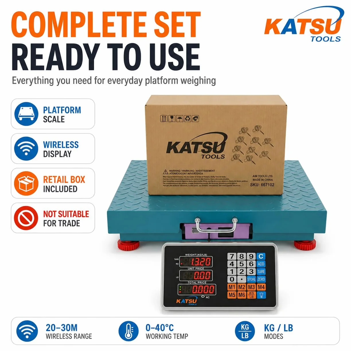KATSU Tools Bilancia digitale wireless in acciaio 500KG 50x60cm