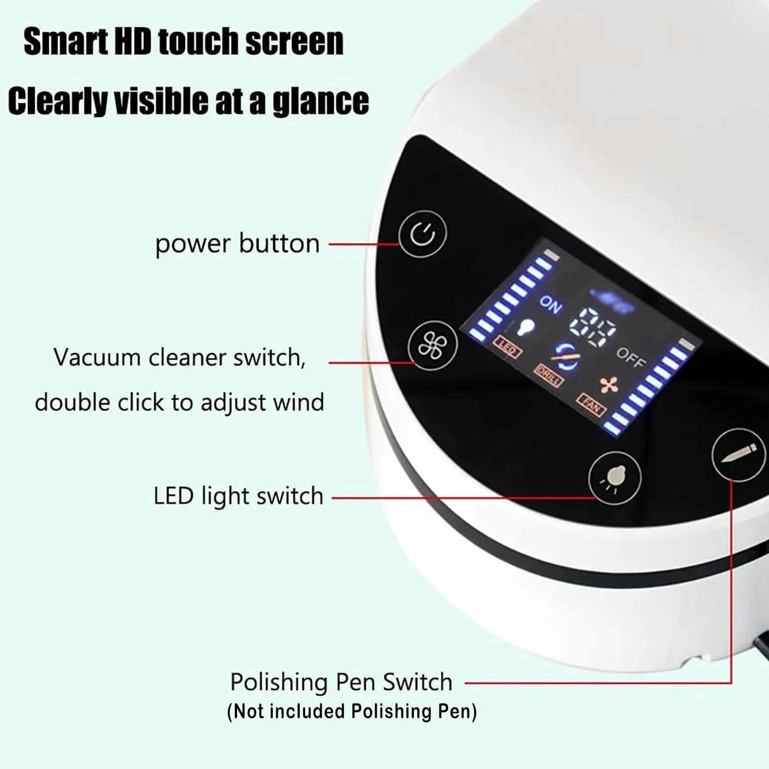 Aspirapolvere per unghie, potente aspirapolvere con faretto LED, condotto girevole a 360°, display LCD, touch screen intelligente per salone di bellezza