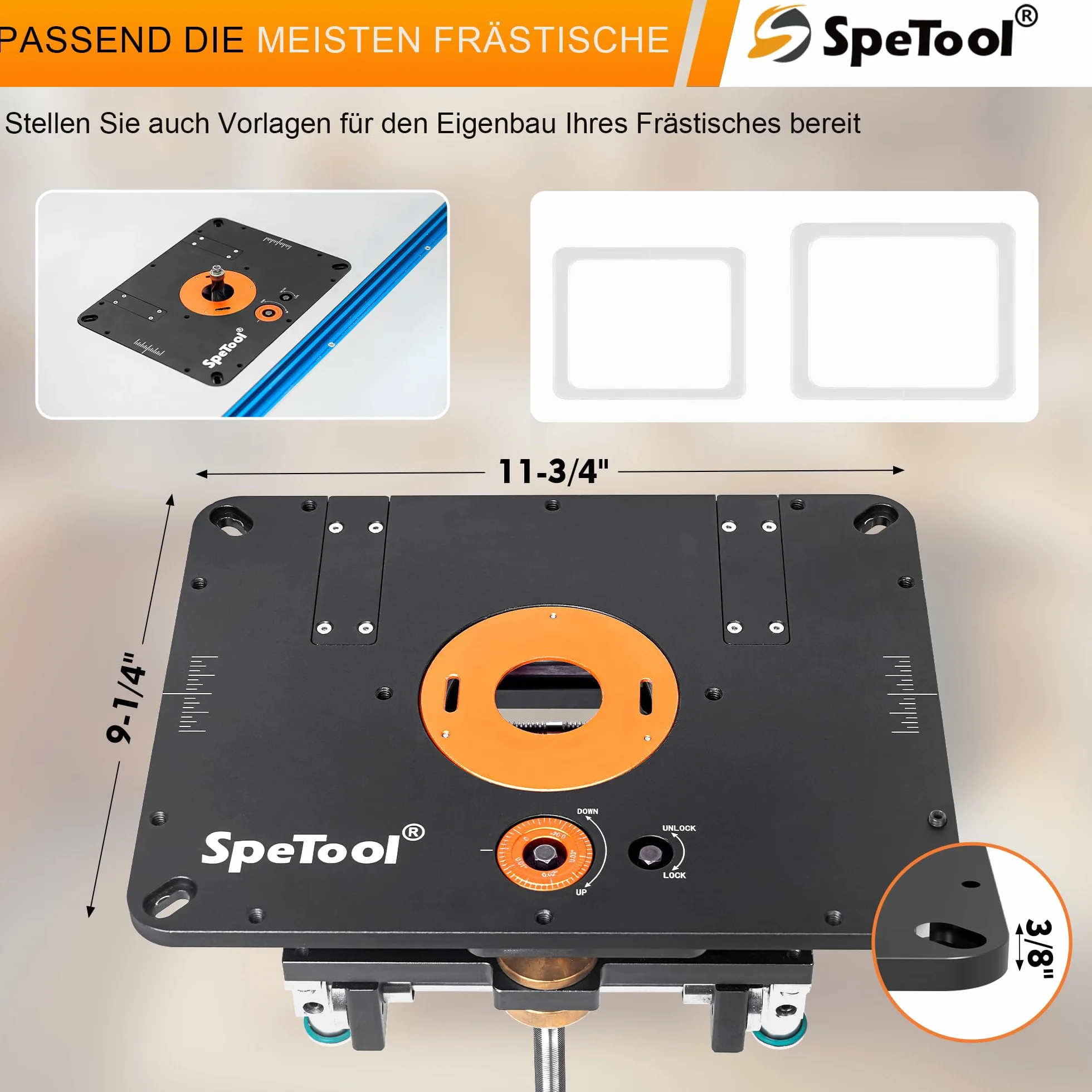 SpeTool Sollevatore per fresatura superiore con diametro da 65 mm a 107 mm, sollevatore superiore in alluminio con stencil fai da te e 3 anelli magnetici, 9-1/4" x 11-3/4" per la lavorazione del legno