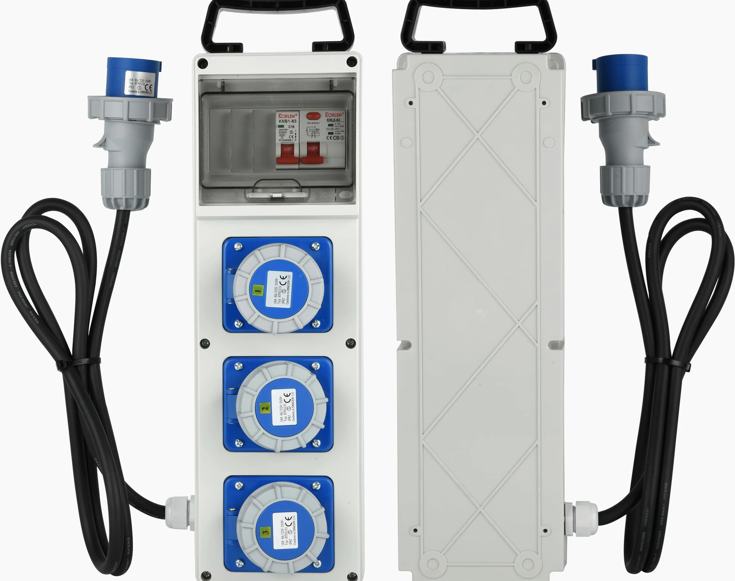Electraline 60426 Quadro Elettrico di Distribuzione 3 Prese Industriali CEE, Spina CEE, Cavo 1.7M H07RN-F 3G2.5, IP67, con interruttore differenziale RCD 30ma + interruttore di sicurezza MCB