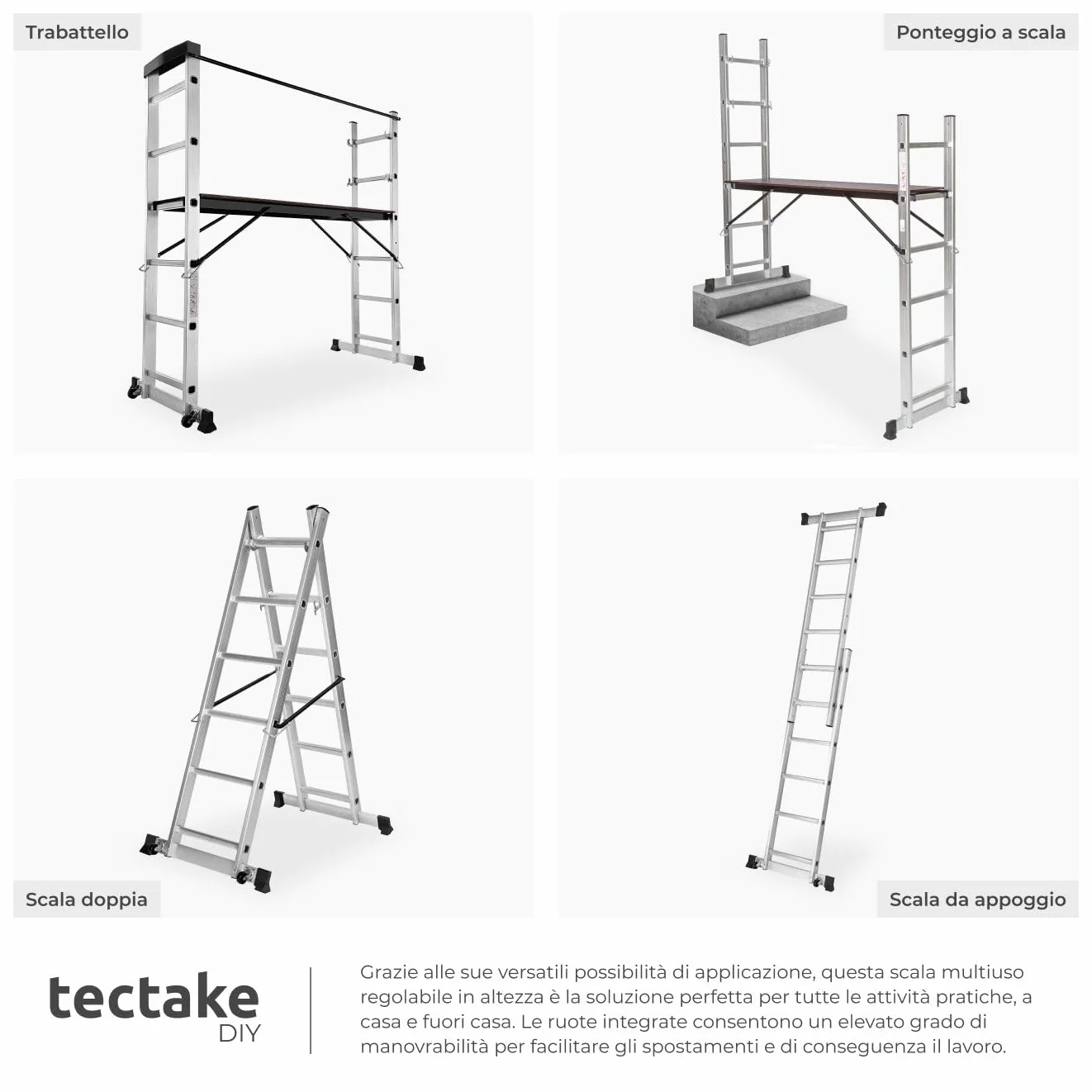 tectake® Scala Alluminio 4 in 1 Multifunzione con Piattaforma da Lavoro, Ponteggio da Lavoro con Ruote, Scala in Alluminio Pieghevole, Trabattello da Lavoro