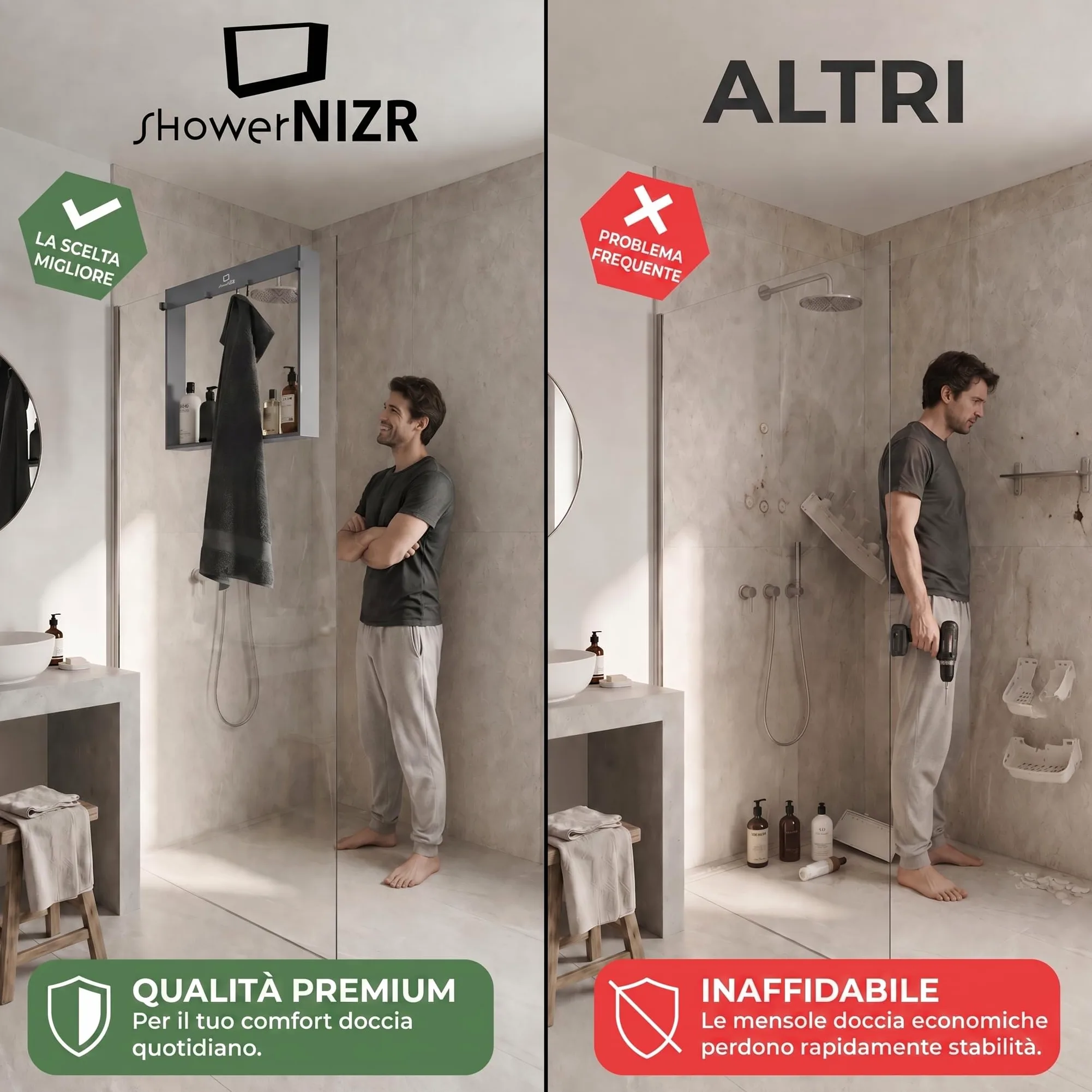 ShowerNIZR Mensola doccia Grey - Mensola doccia senza foratura da appendere alla parete in vetro in acciaio inox con 4 ganci porta shampoo per organizer doccia moderno e ordine nel box doccia