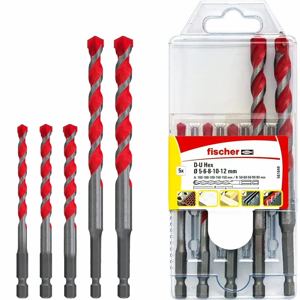 Fischer D-U Hex Set 5 Punte Trapano Universali Esagonali, 5 mm-12 mm, per Muro, Legno, Piastrelle, Plastica, Acciaio, Cemento, 561649
