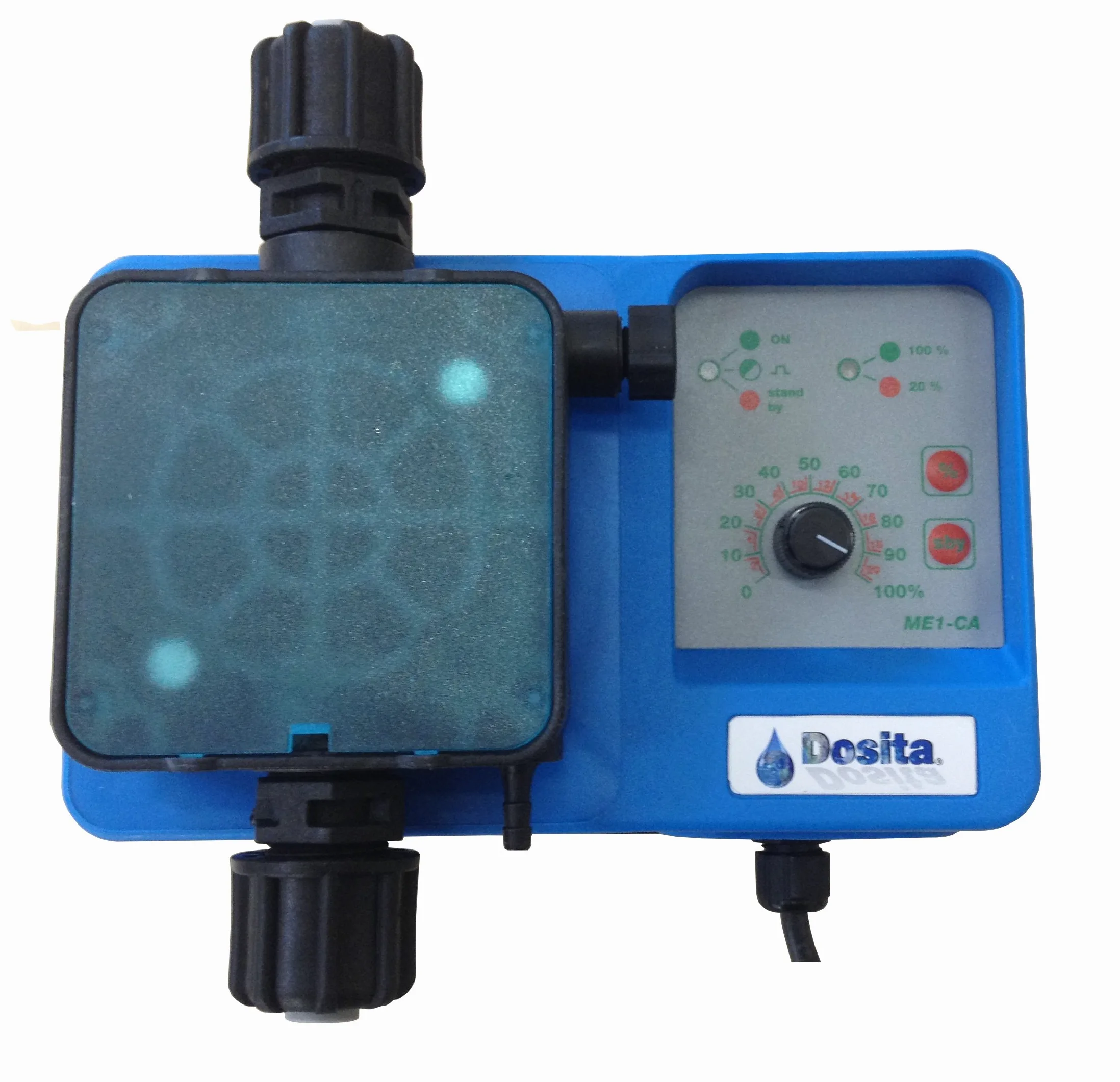 Pompa dosatrice elettromagnetica analogica a dosaggio costante con portata regolabile per dosaggio liquidi modello ME1-CA - 5 l/h @ 9 bar 230 Vac, testata PP con tenute viton