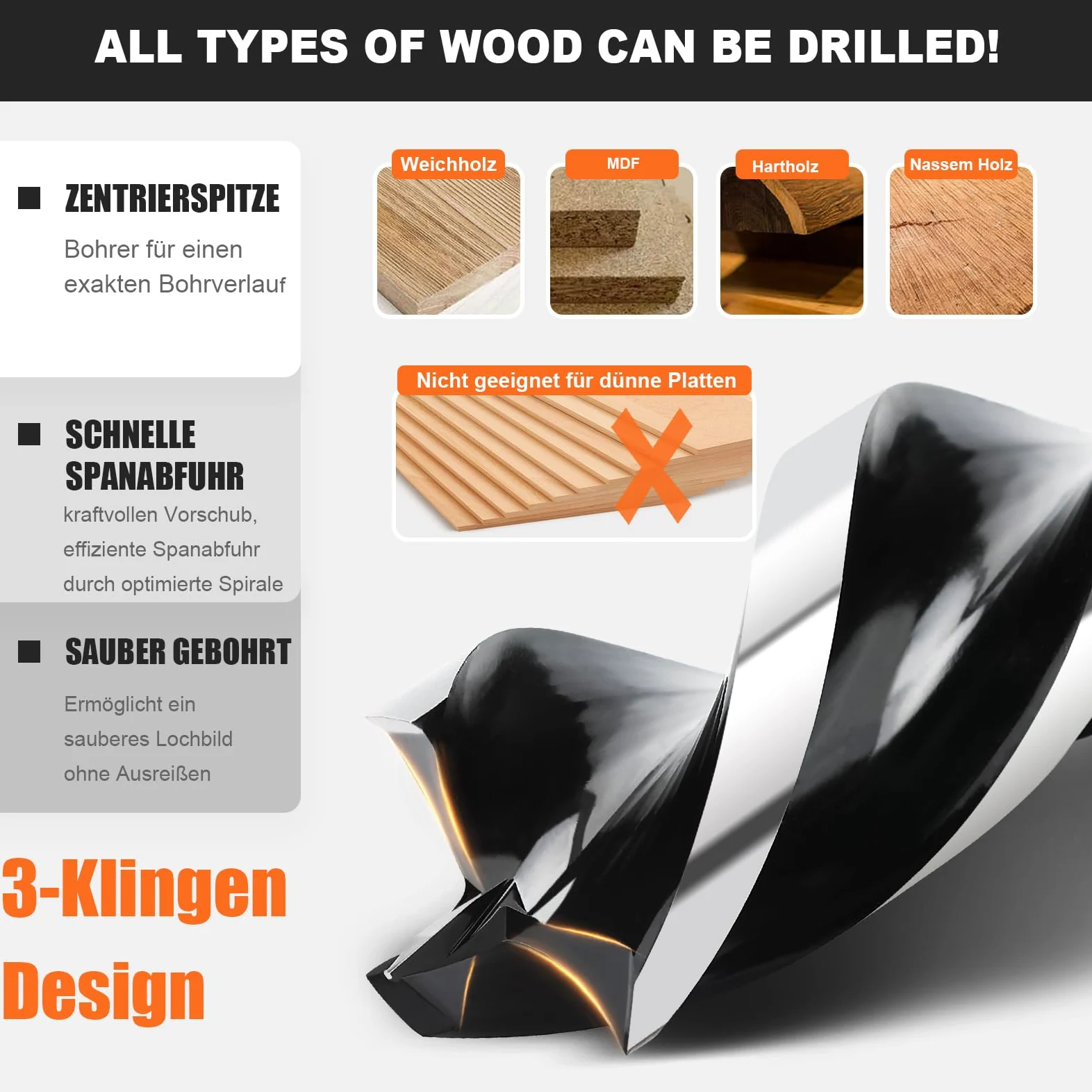 Punta a spirale 25x600mm SDS Plus per legno per legno tenero, legno duro con perno di centraggio