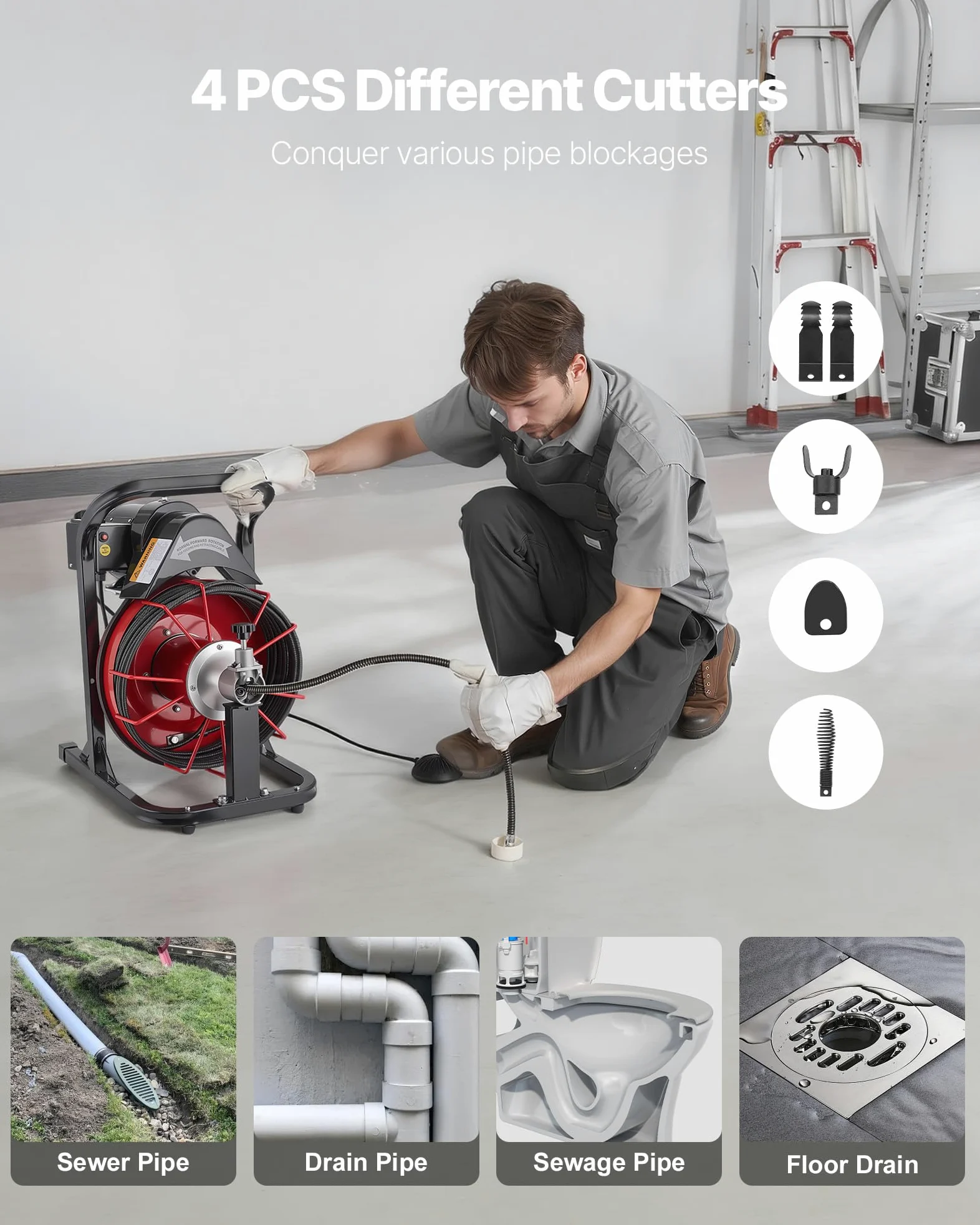 VEVOR Macchina per la Pulizia degli Scarichi 15 m x 8 mm, Trivella per Fognatura ad Alimentazione Automatica con 4 Lame e Interruttore a Pedale ad Aria Compressa per Tubi da 50 mm a 100 mm