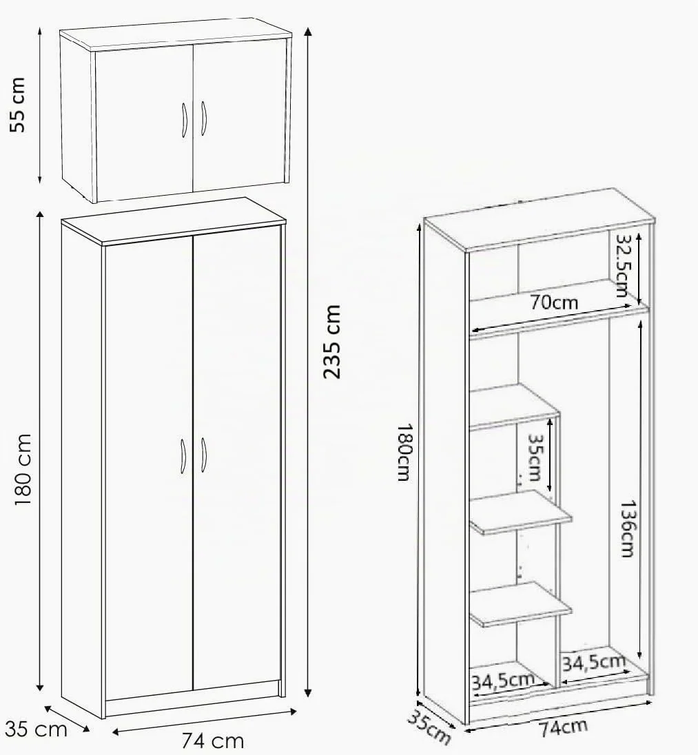 Mobile alto multiuso per scopa, pratico armadietto per aspirapolvere, 235 x 74 x 35 cm (Bianco)