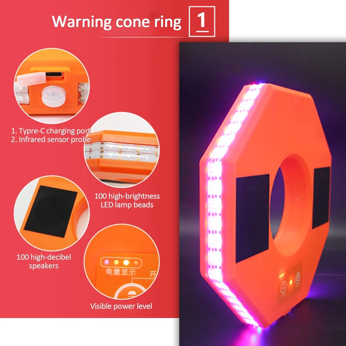 Cono Luminoso Lampeggiante a LED ad Alta Luminosità, Anello di Segnalazione Luminoso con Supporto, in Grado di Registrare la Voce ed è Ricaricabile, Razzi di Emergenza Stradali