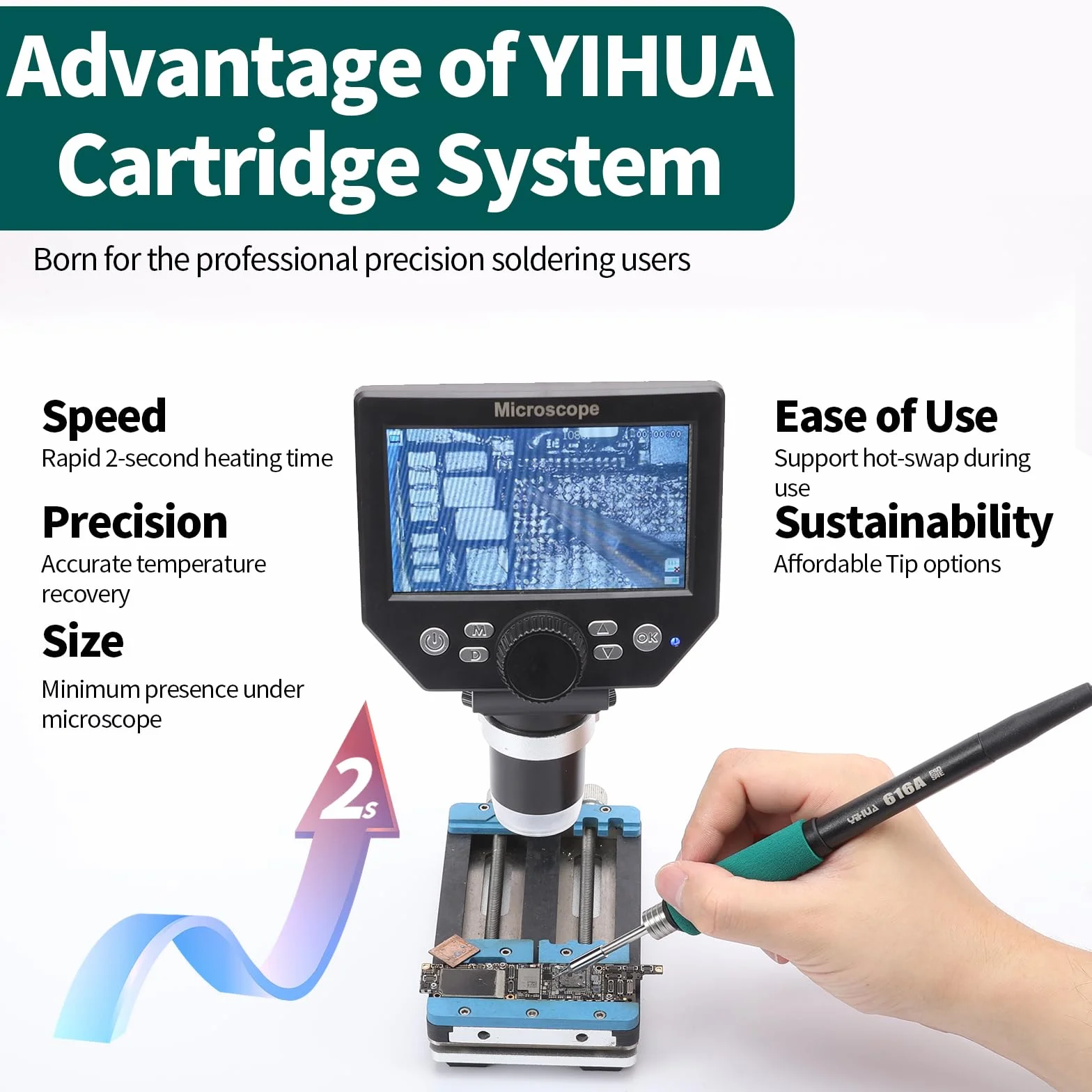 YIHUA 982 Kit per stazione di saldatura di precisione con display LCD digitale, compatibile con cartucce per punte da saldatura C245, 4 canali di memoria, riscaldamento rapido per la microsaldatura