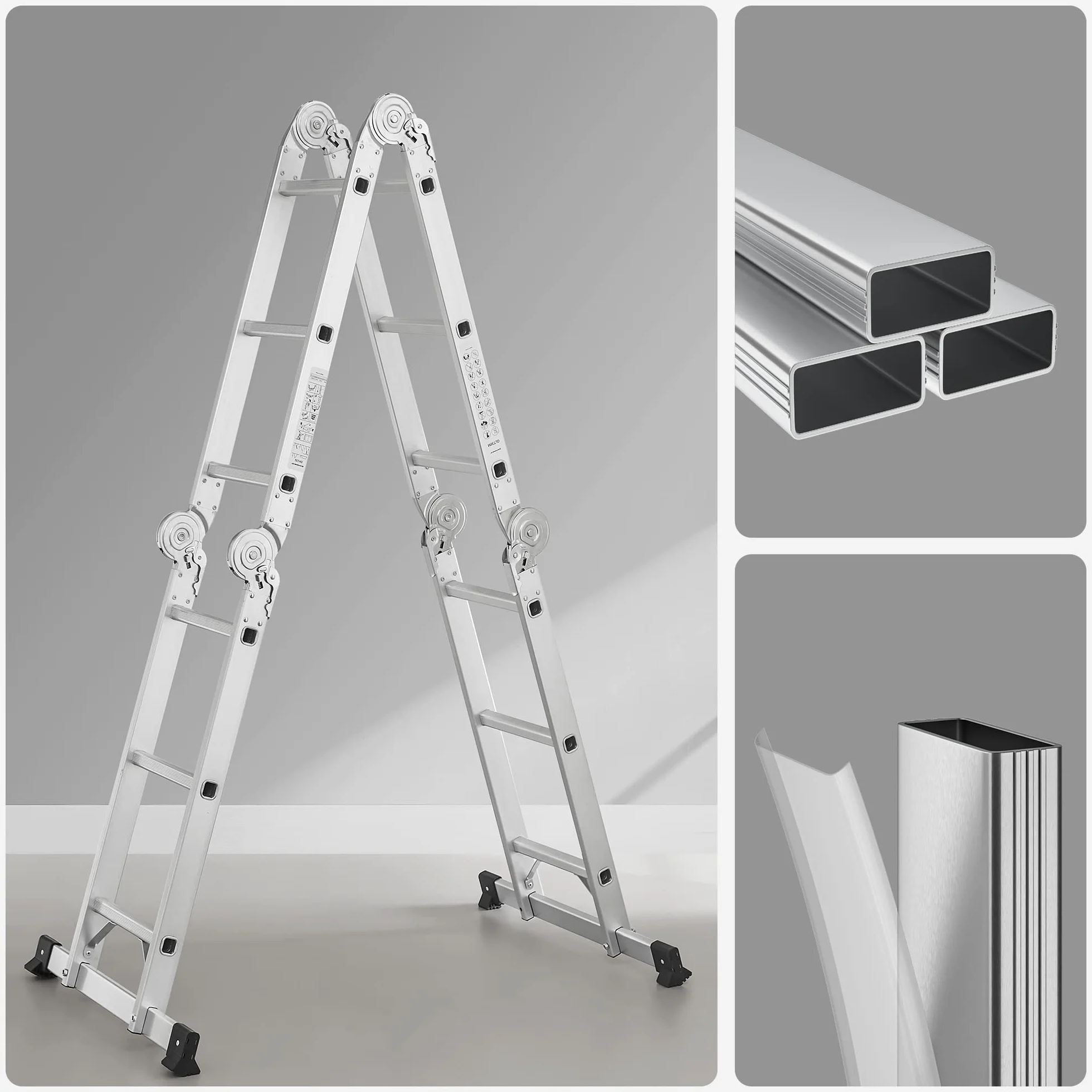 SONGMICS Scala Multifunzione in Alluminio, Scala a Gradini, Scaletta Domestica, 4 x 3 Gradini, fino a 150 kg, 12 Gradini, Design 6-in-1, Lunga 326 cm, Colore Argento GLT36M