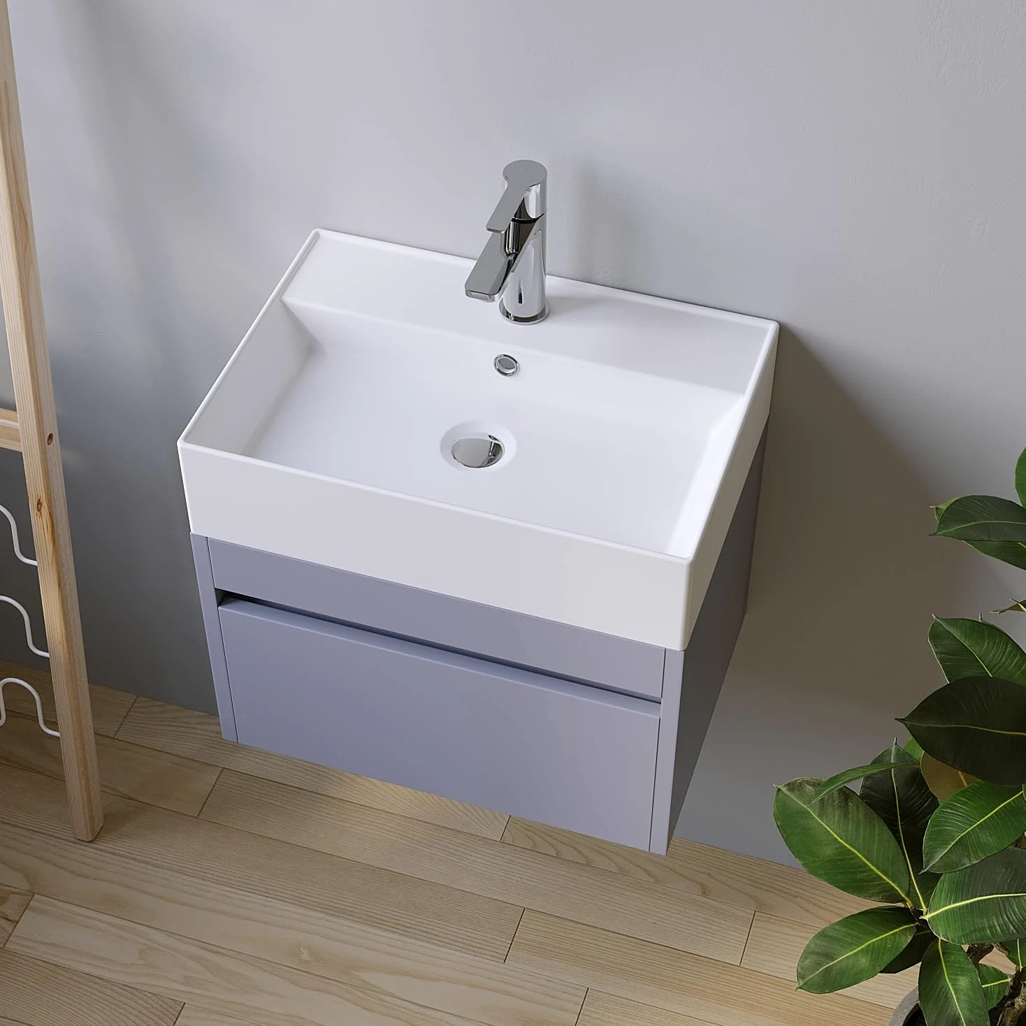 Lavabi in ceramica angolare 50 x 35 cm, lavabo a incasso per mobile da bagno, lavabo per bagno degli ospiti, sospeso, lavabo a parete, bianco, con foro per rubinetto, troppopieno, viti di fissaggio