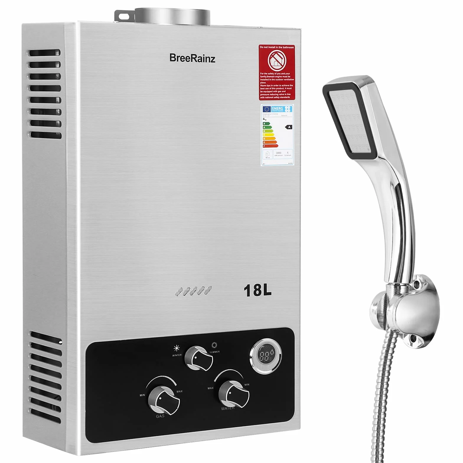 BreeRainz Scaldabagno a Gas 18LPM,36KW Scaldabagno Istantaneo a Propano,Funziona a Bassa Pressione dell'Acqua di Partenza Super Bassa, per Case,Cabine Esterno