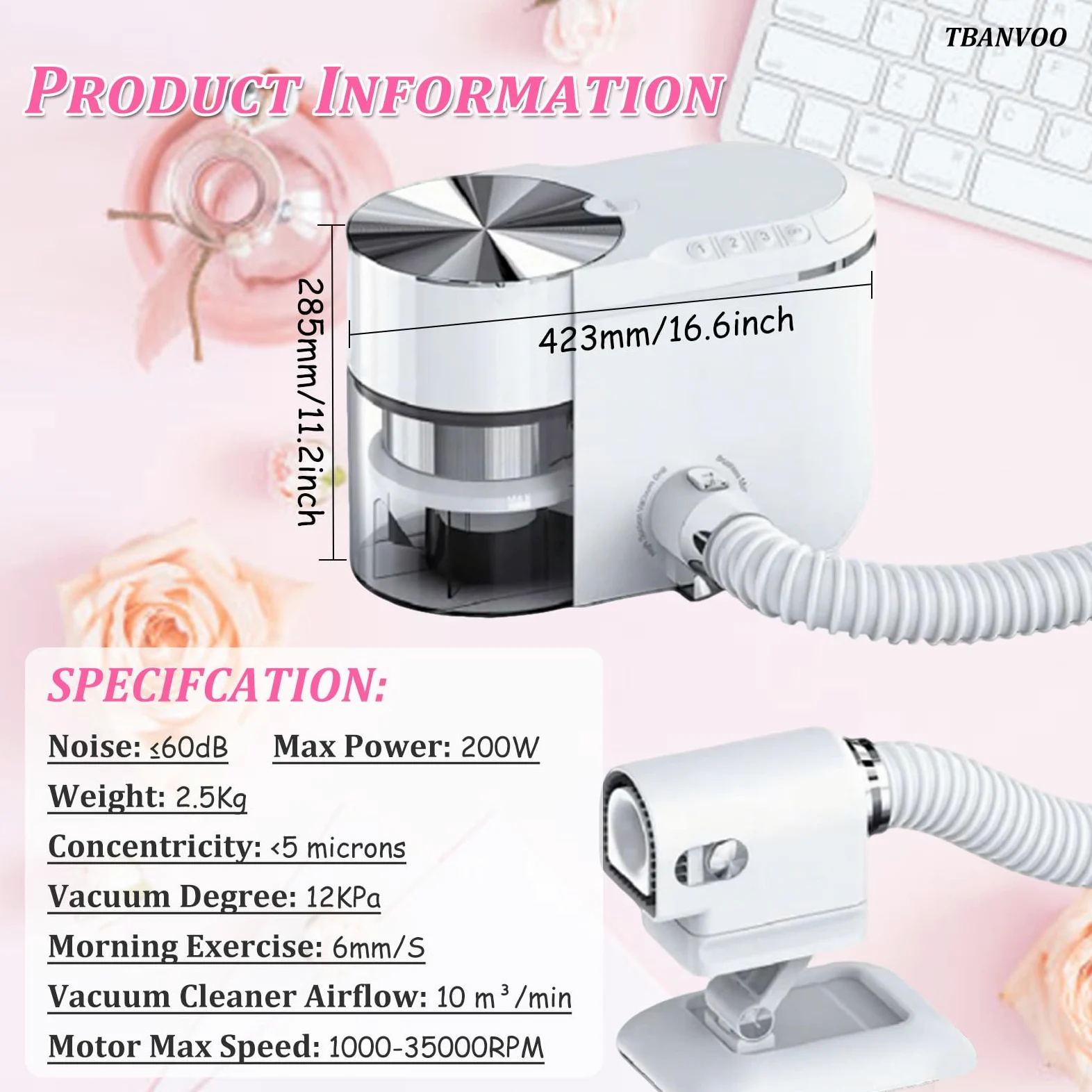 Estrattore di Polvere per Unghie & Aspiratore Incorporato, Design Compatto con Controllo a 4 Pulsanti, Aspirazione Potente per un'Area di Lavoro per Manicure Anti-Polvere