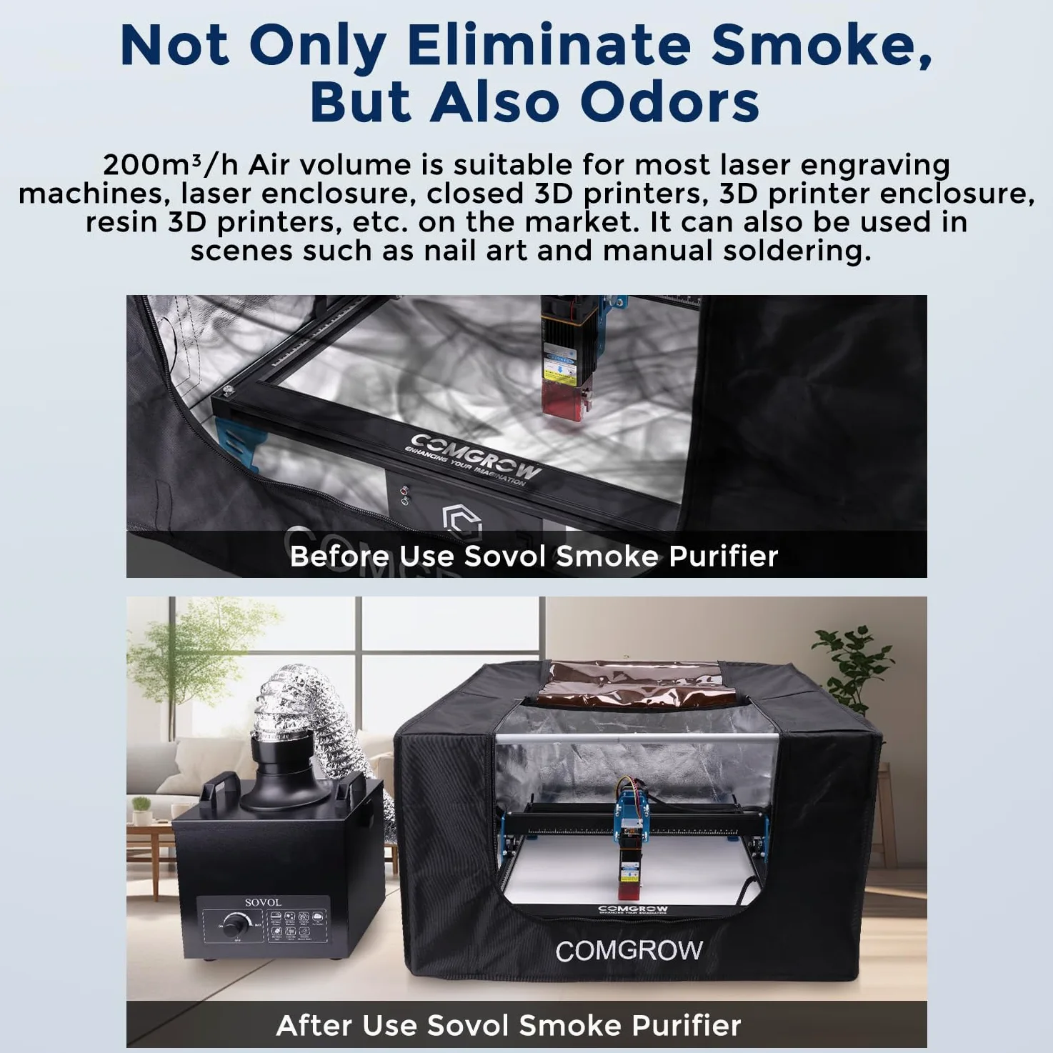 Sovol Assorbitore di fumo di saldatura, 100 W, con filtro a 3 livelli, volume d'aria 200 m³/h, 2 forme di fumo e 3 tubi di scarico per macchina per incisione laser
