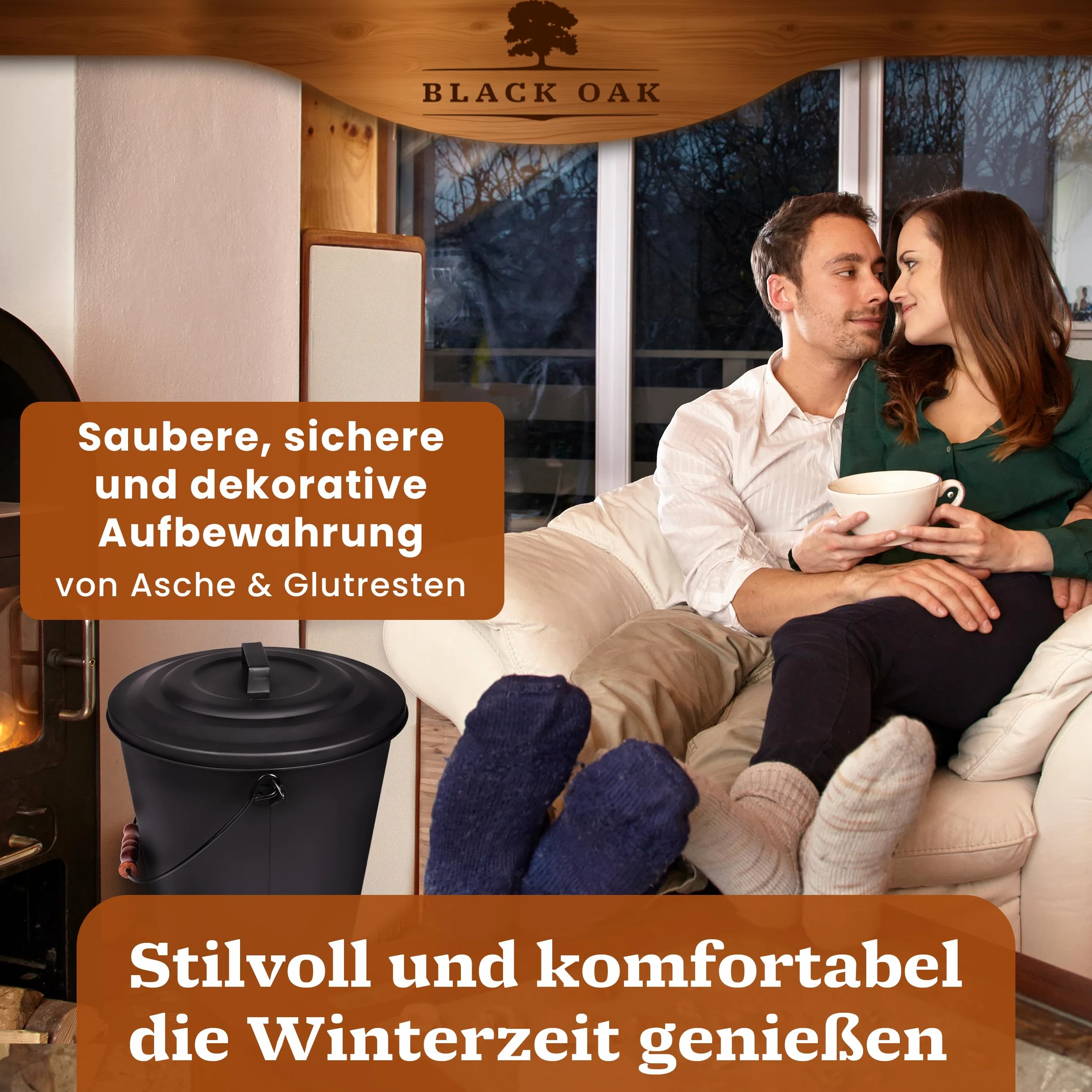 BLACK OAK Secchio per cenere Santorini, 25 l, nero con coperchio, XXL, extra grande, 25 litri, in acciaio zincato a prova di fuoco, verniciato a polvere, cenere e carbone, accessorio ideale per camino