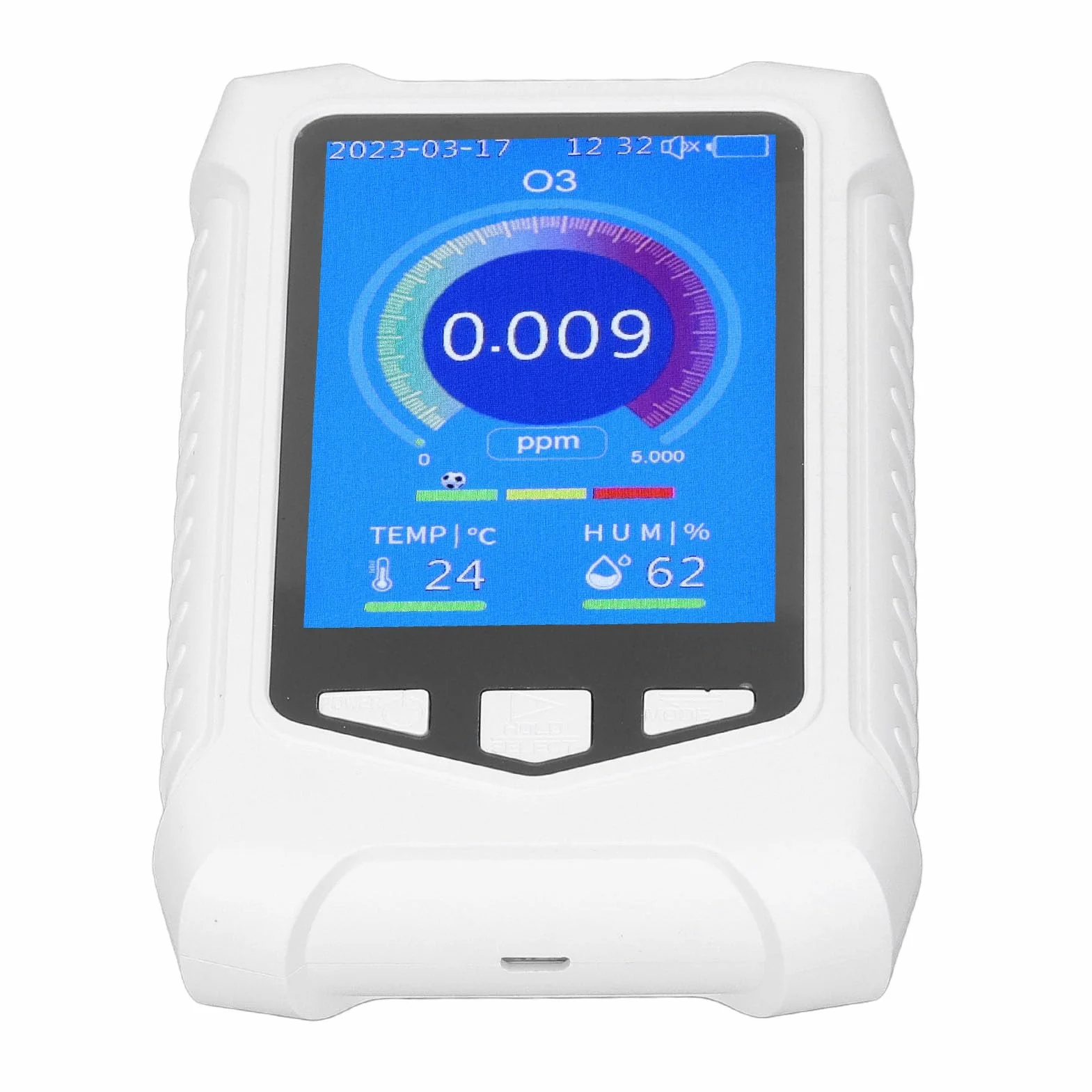 Rilevatore Ozono Portatile LCD con USB e Allarme Regolabile 0-10ppm per Monitoraggio Qualità Aria Casa e Laboratorio
