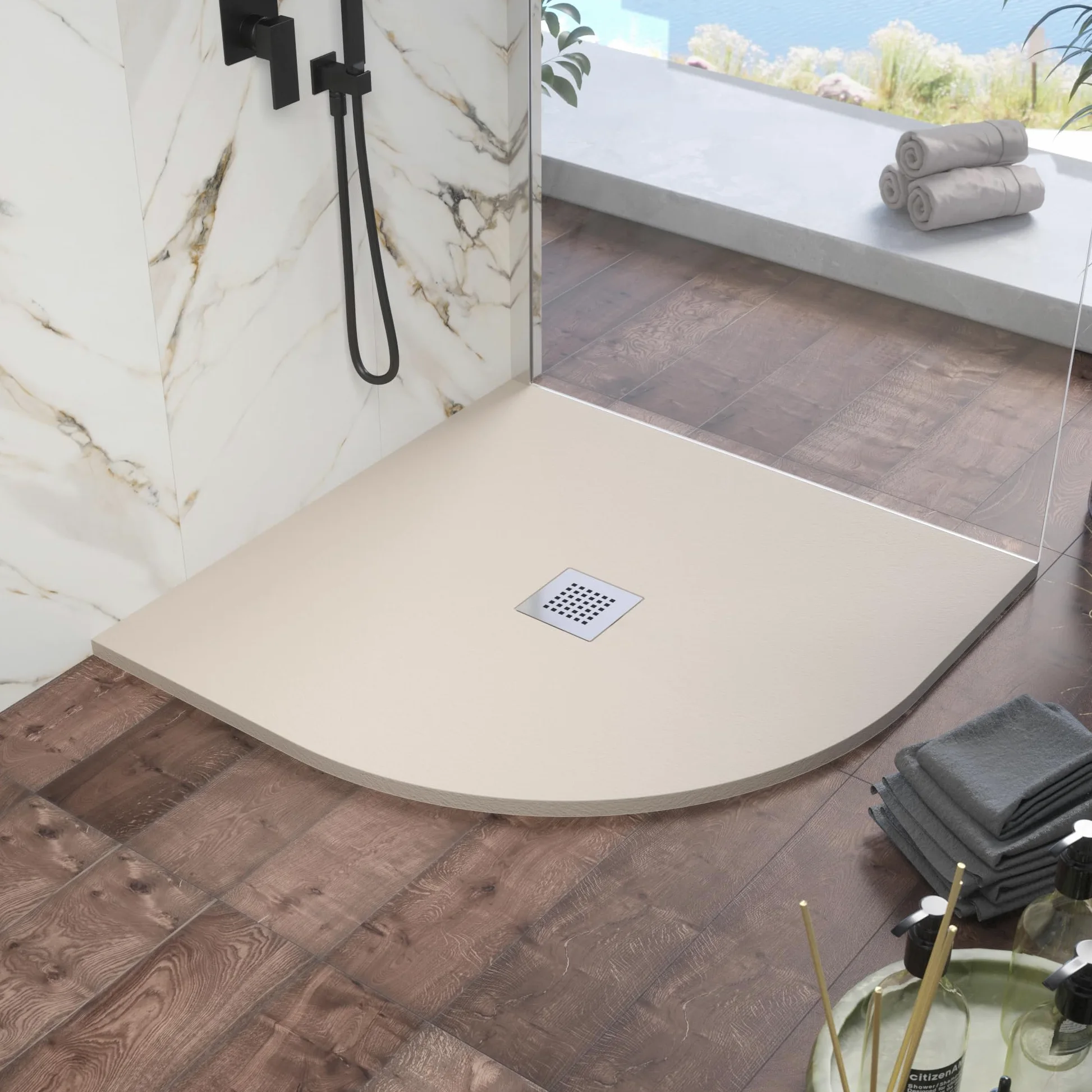 Piatto Doccia 80x80 cm Semicircolare Marmoresina Avorio Effetto Pietra Ultraslim Antiscivolo