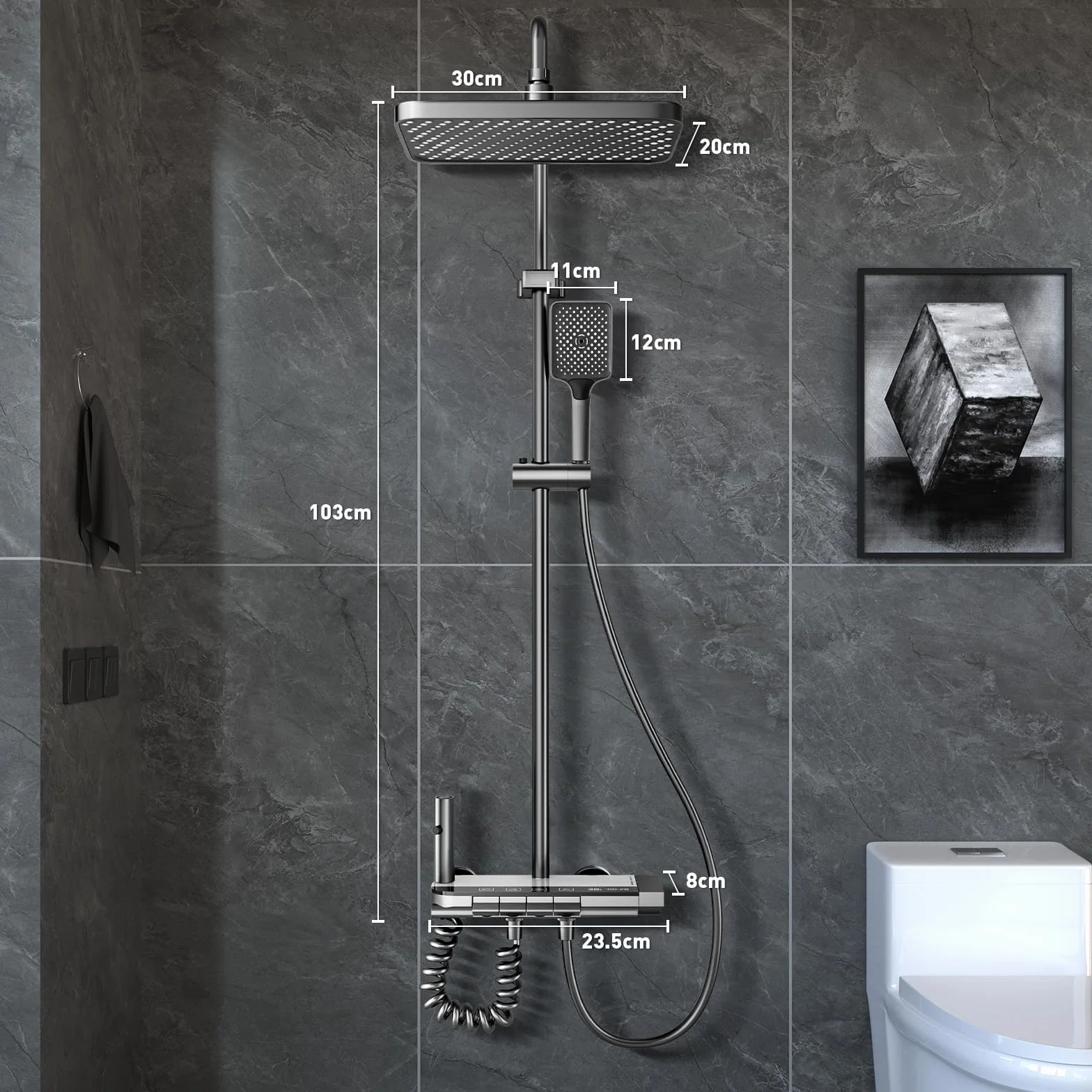 Sistema Doccia con Termostat con display digitale a LED, soffione doccia XL a pioggia, doccetta, getto ausiliario e rubinetto a cascata – Acciaio inossidabile – Colonna Doccia Regolabile